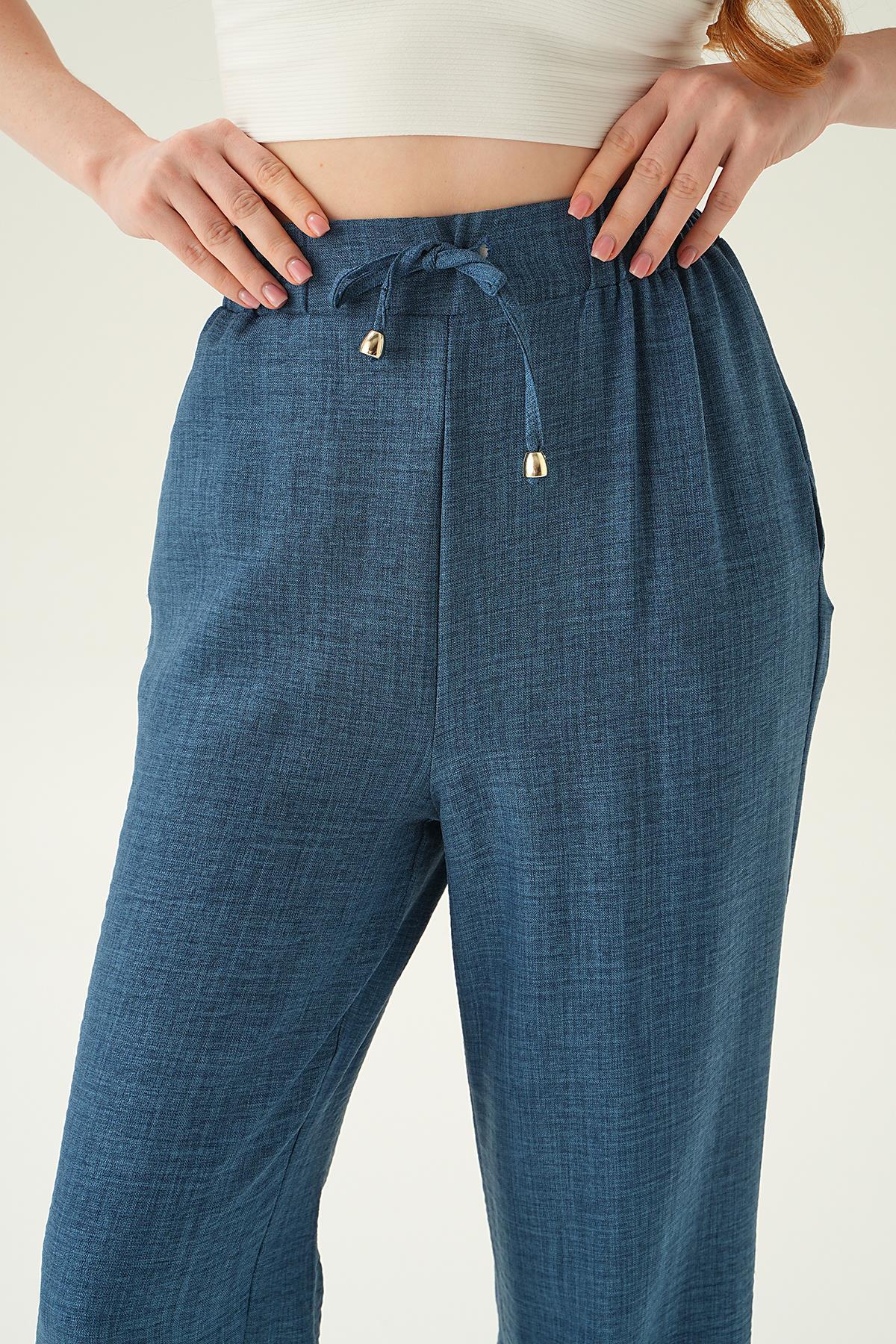 İndigo Bağcıklı Geniş Pantolon 6917A - 6
