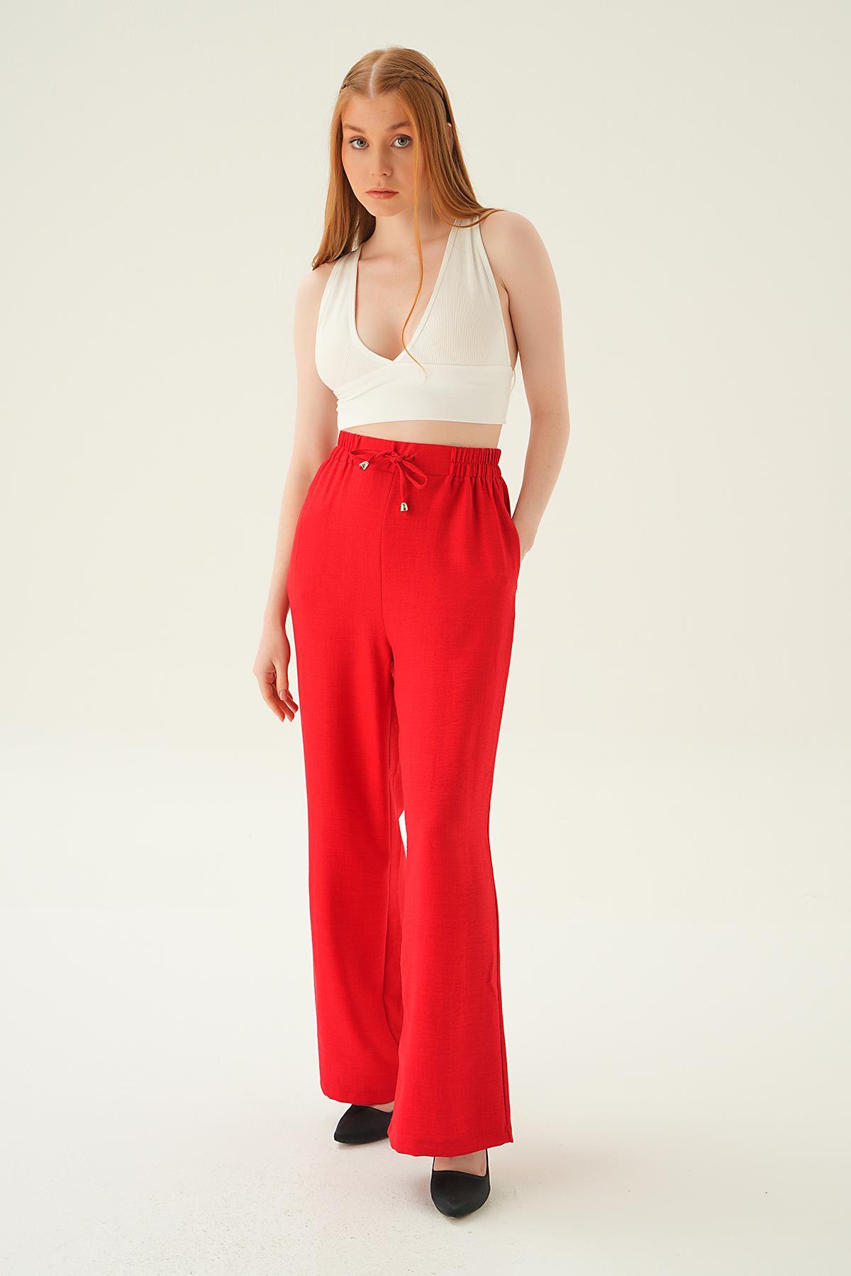 6917A Bağcıklı Geniş Pantolon Kırmızı - 5