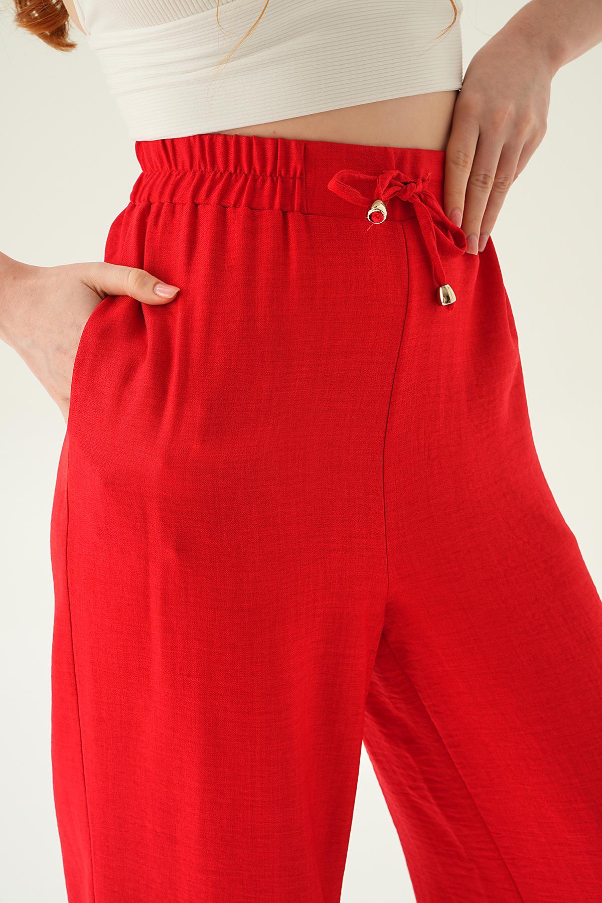 6917A Bağcıklı Geniş Pantolon Kırmızı - 4