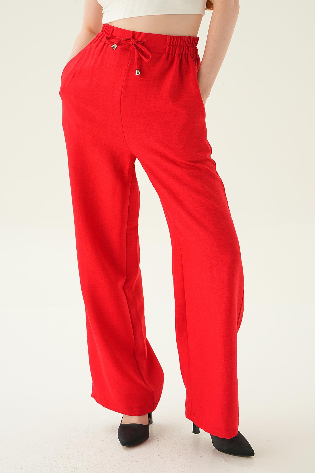 Kırmızı Bağcıklı Geniş Pantolon 6917A - 2