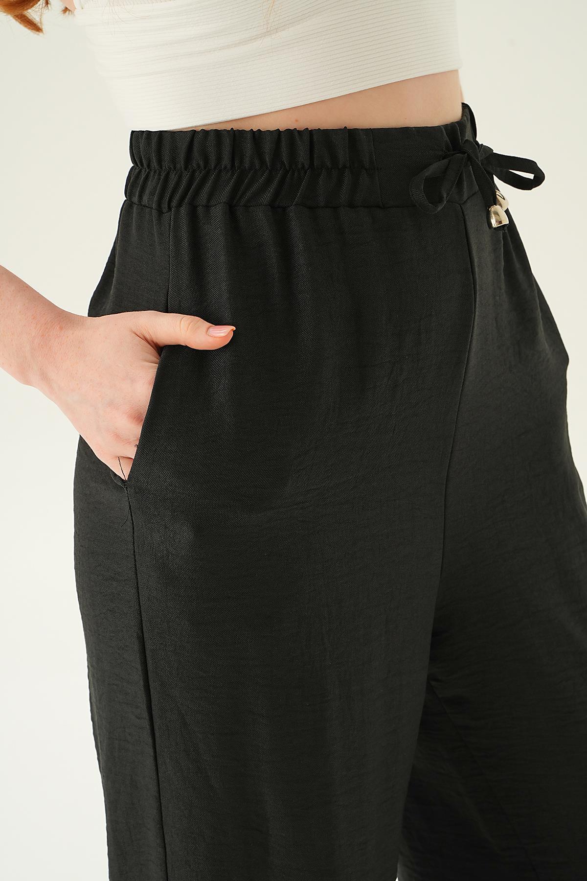 Siyah Bağcıklı Geniş Pantolon 6917A - 5