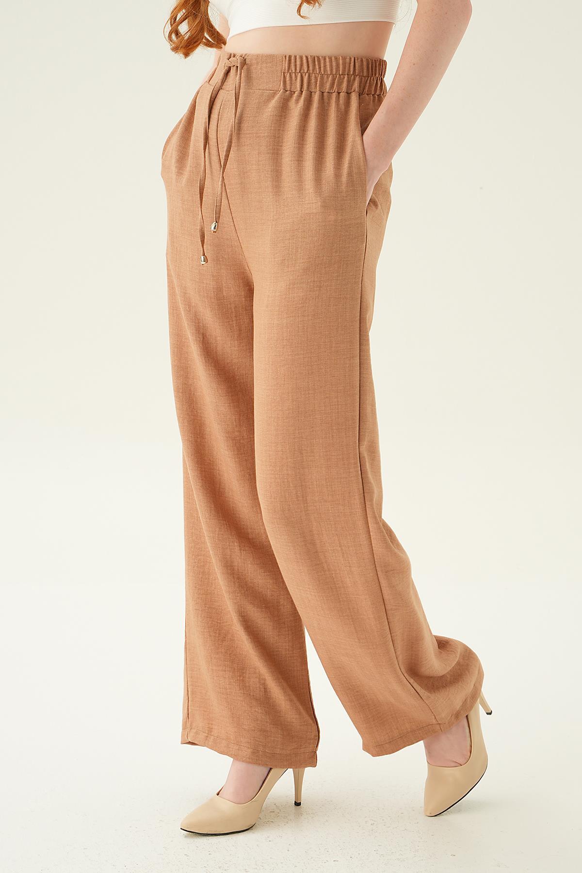 6917A Bağcıklı Geniş Pantolon Vizon - 1