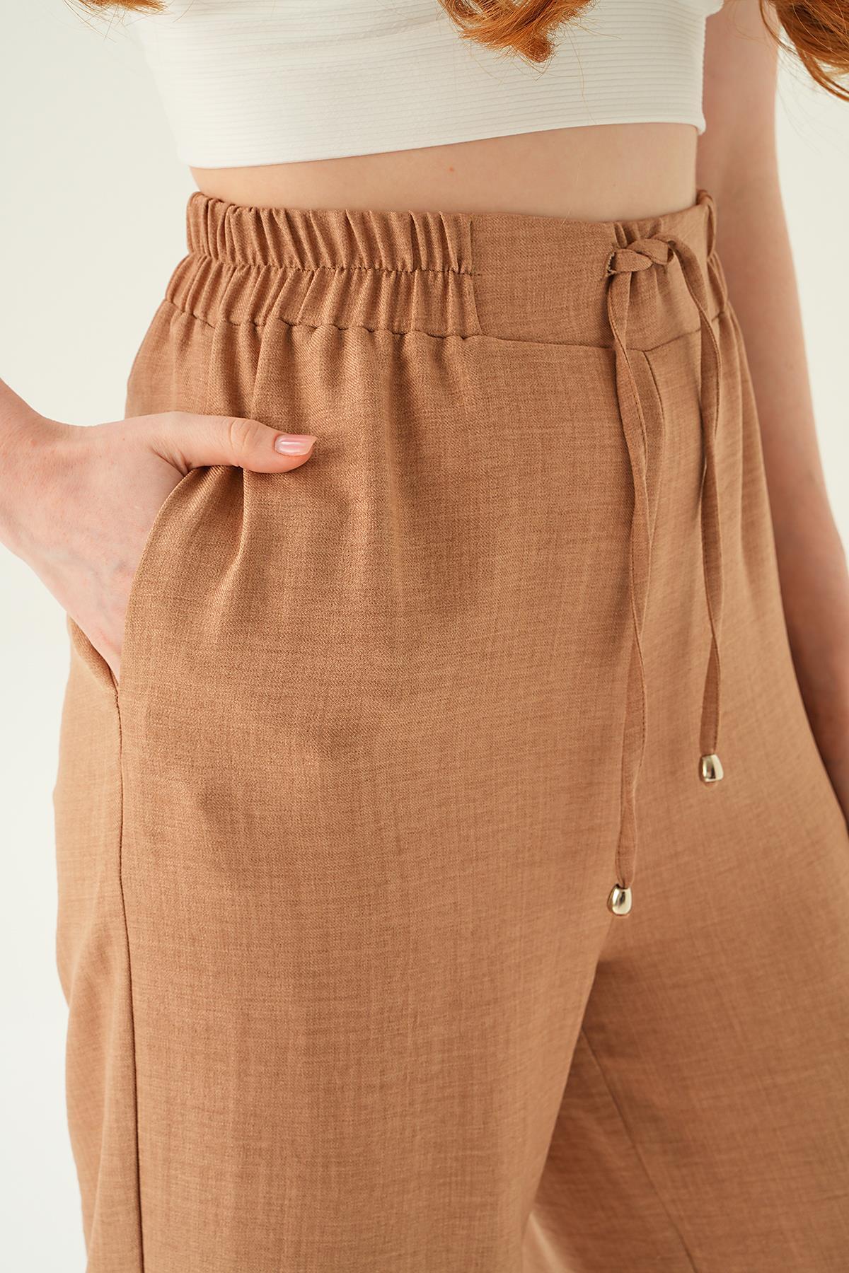 6917A Bağcıklı Geniş Pantolon Vizon - 6