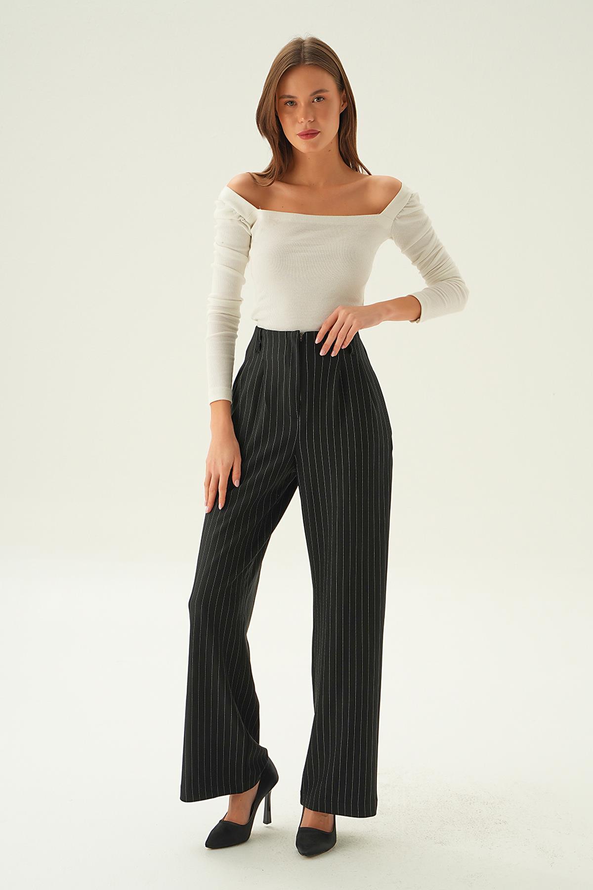 Siyah Yüksek Bel Bol Paça Pantolon 6918A 