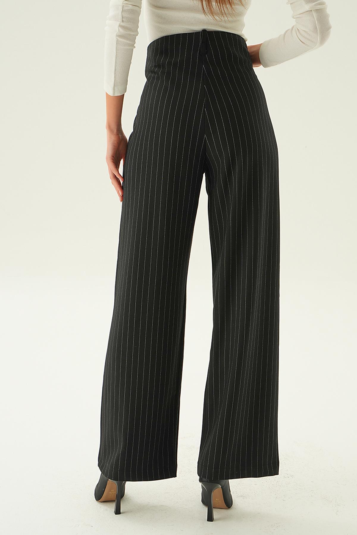 Siyah Yüksek Bel Bol Paça Pantolon 6918A - 5