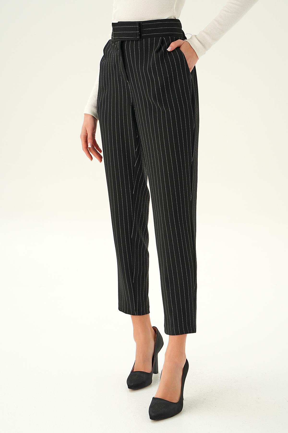 Siyah Cırtlı Pile Detay Pantolon 6919A - 2