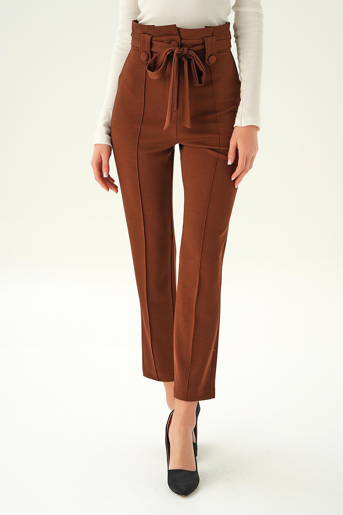 6921A Düğme Detay Havuç Pantolon Acı Kahve - 2