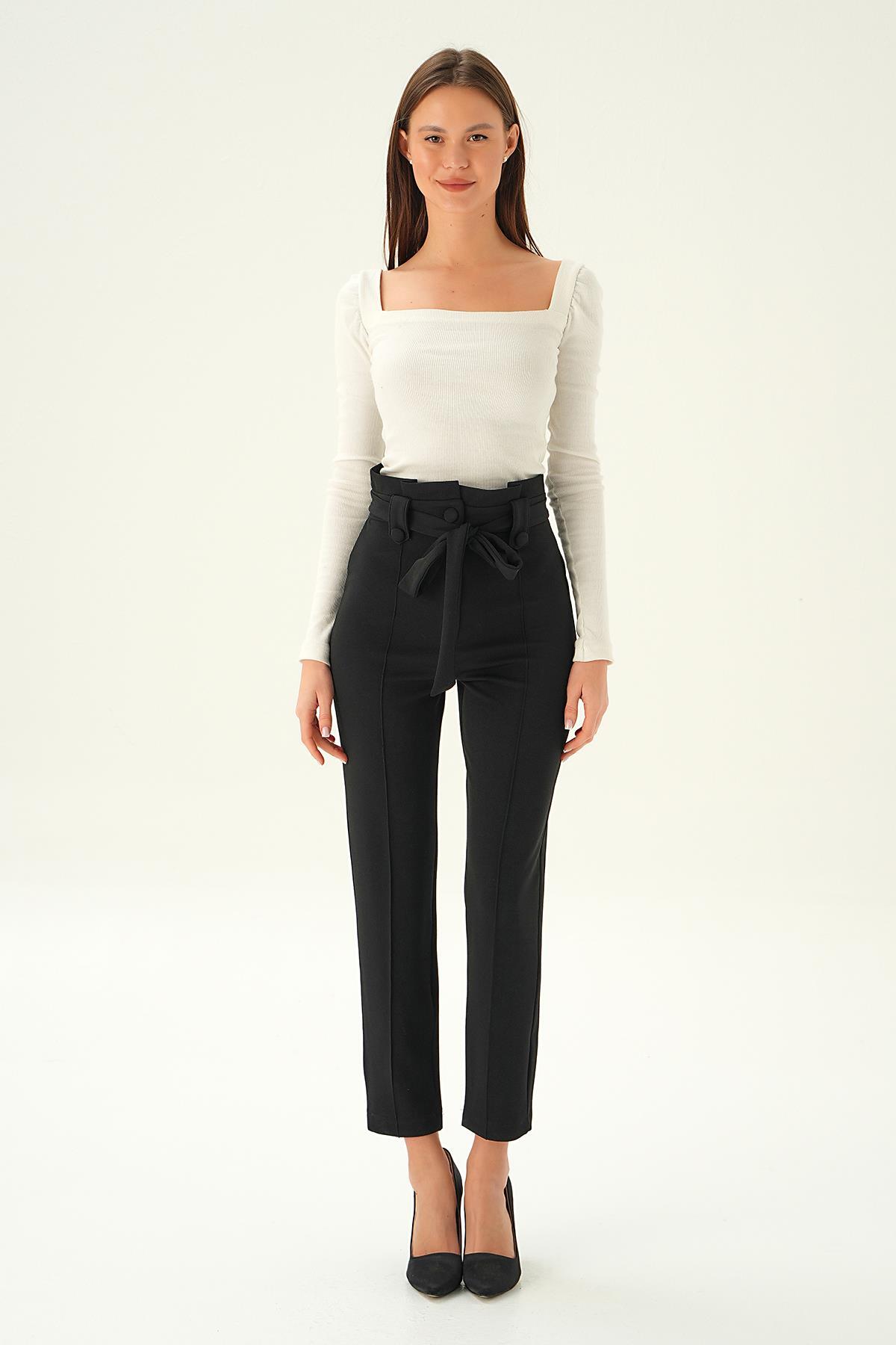6921A Düğme Detay Havuç Pantolon Siyah - 6