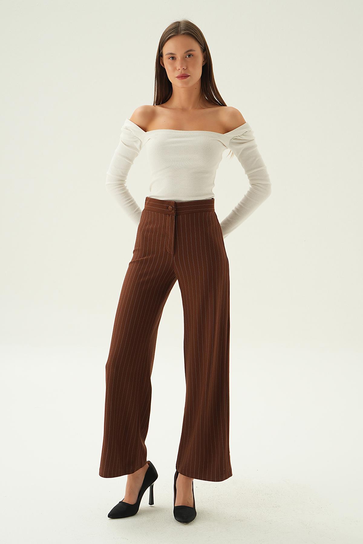 6922A Çizgili Bol Paça Pantolon Acı Kahve - 2