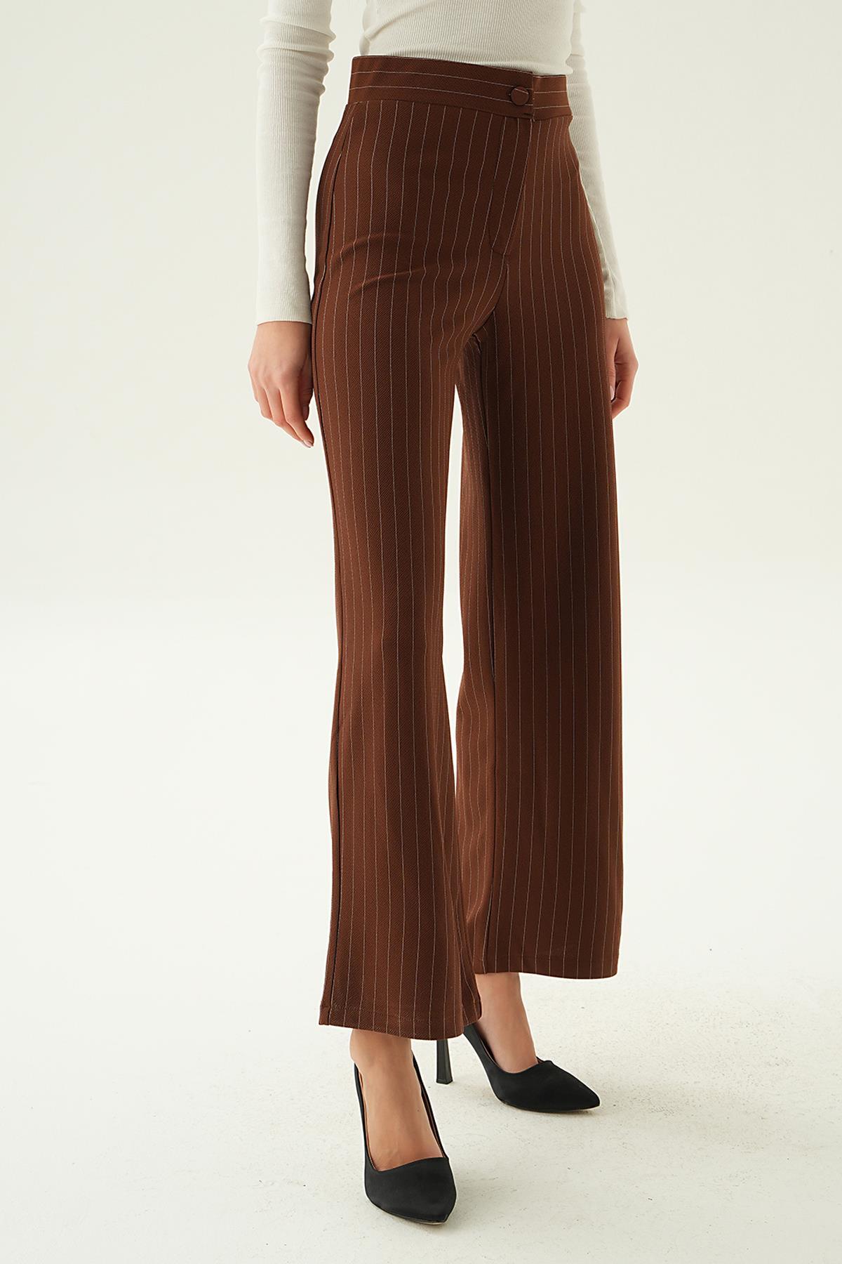 Acı Kahve Çizgili Bol Paça Pantolon 6922A - 3