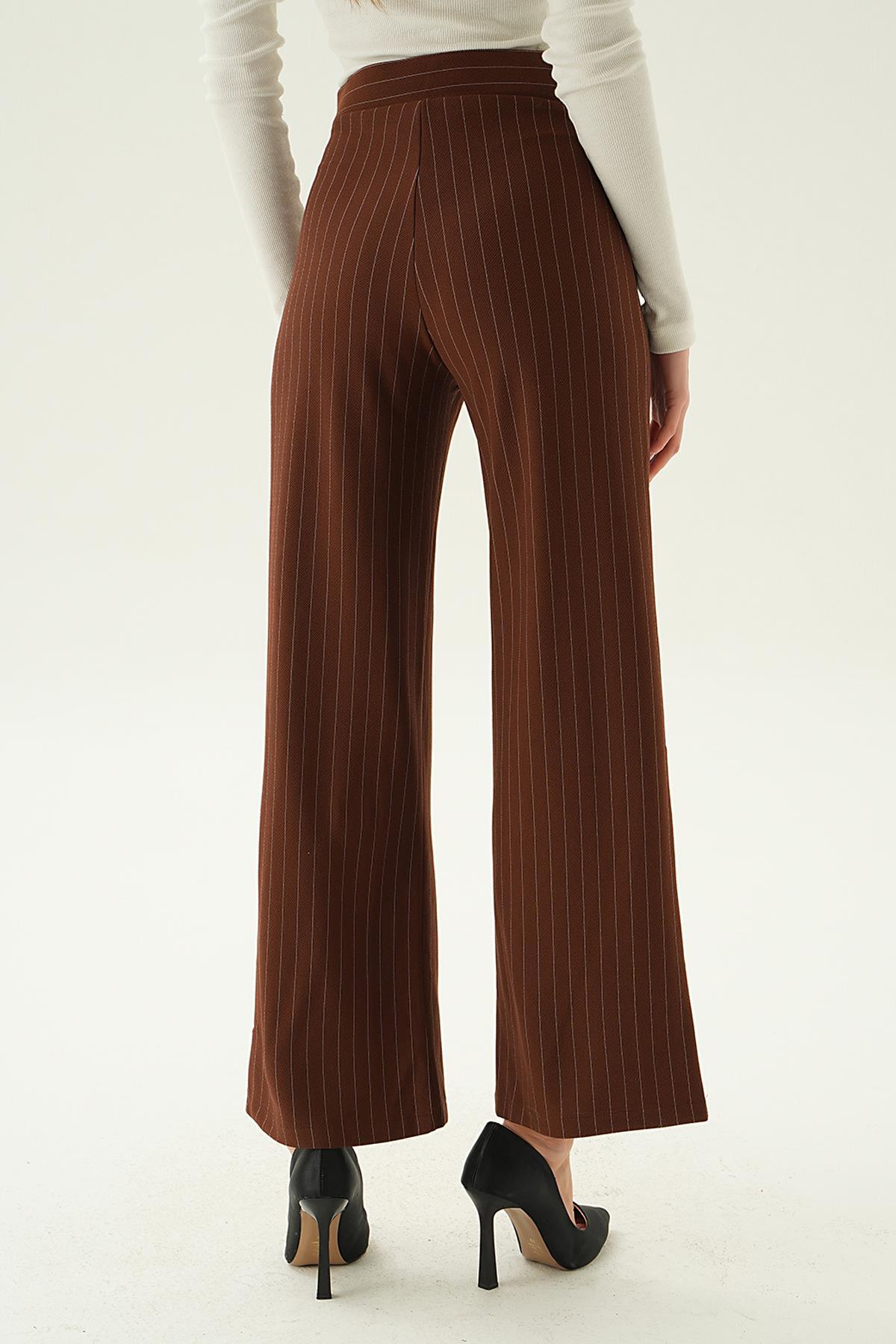 Acı Kahve Çizgili Bol Paça Pantolon 6922A - 4