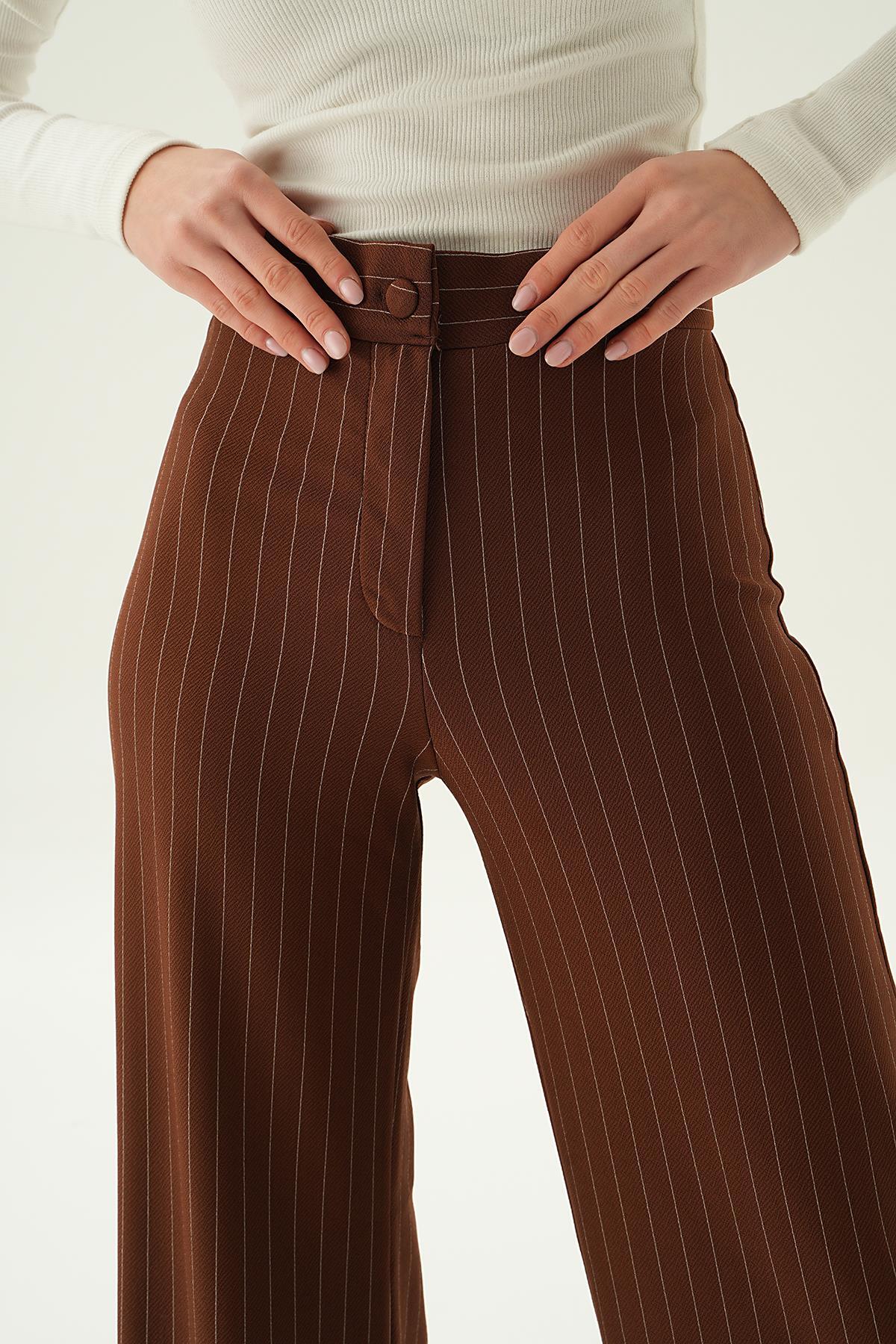 Acı Kahve Çizgili Bol Paça Pantolon 6922A - 6