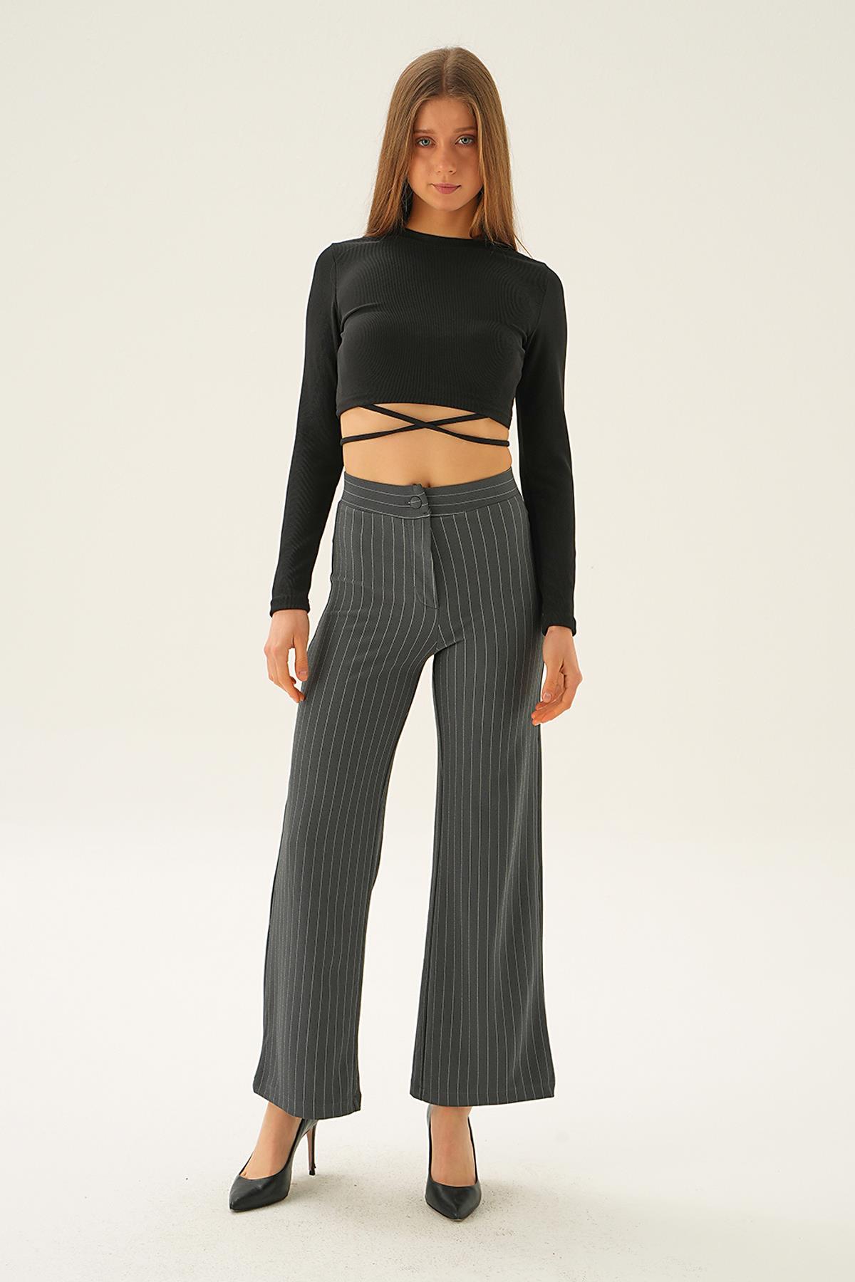 6922A Çizgili Bol Paça Pantolon Füme - 1