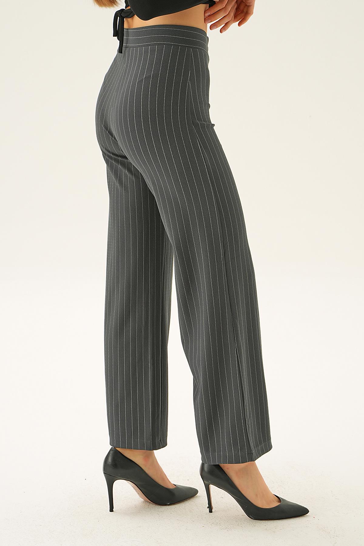 Füme Çizgili Bol Paça Pantolon 6922A - 2