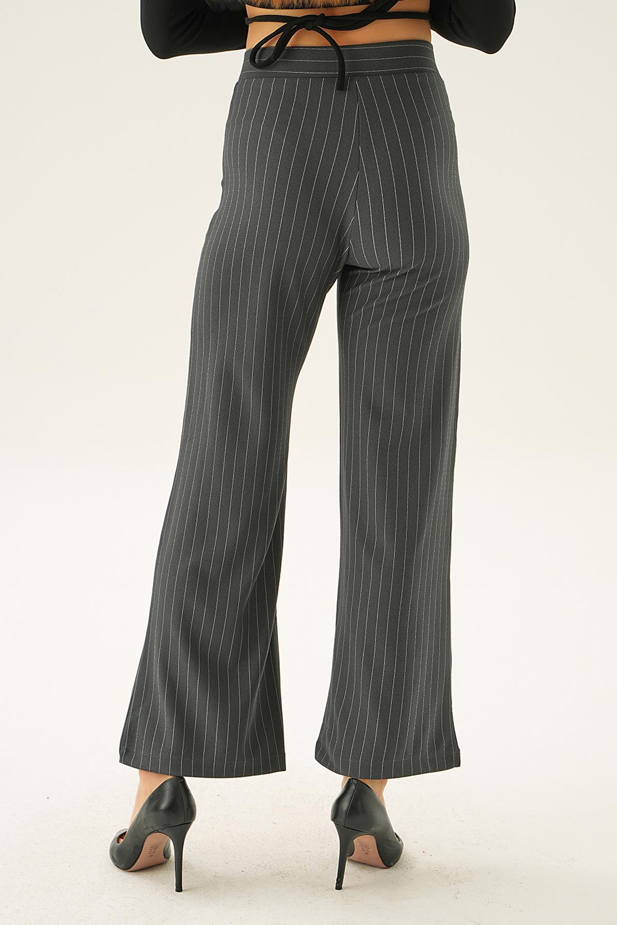 Füme Çizgili Bol Paça Pantolon 6922A - 3