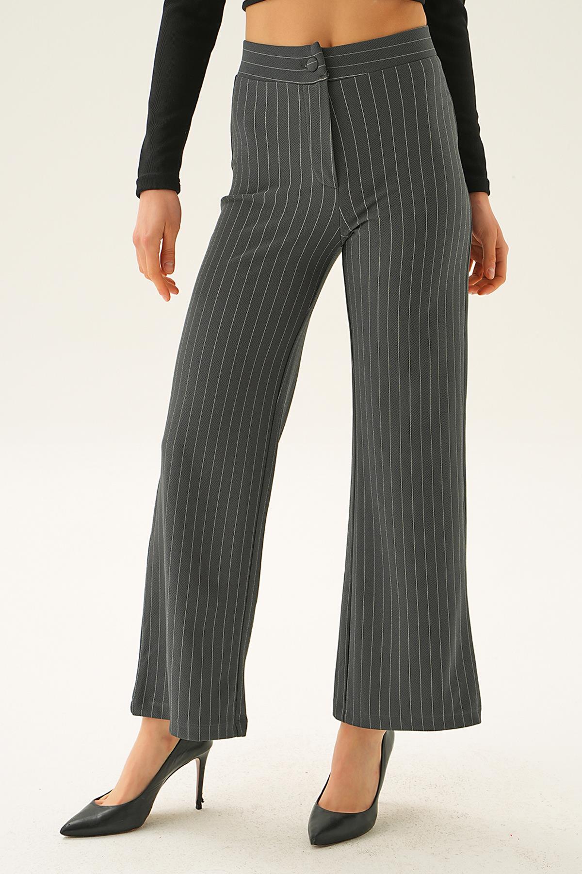 Füme Çizgili Bol Paça Pantolon 6922A - 4