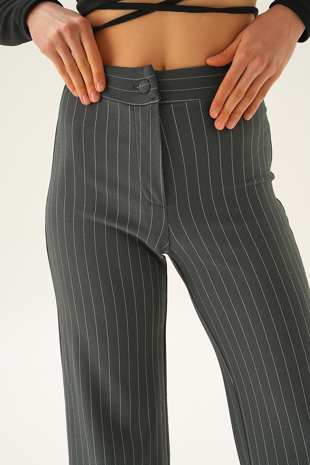 Füme Çizgili Bol Paça Pantolon 6922A - 5