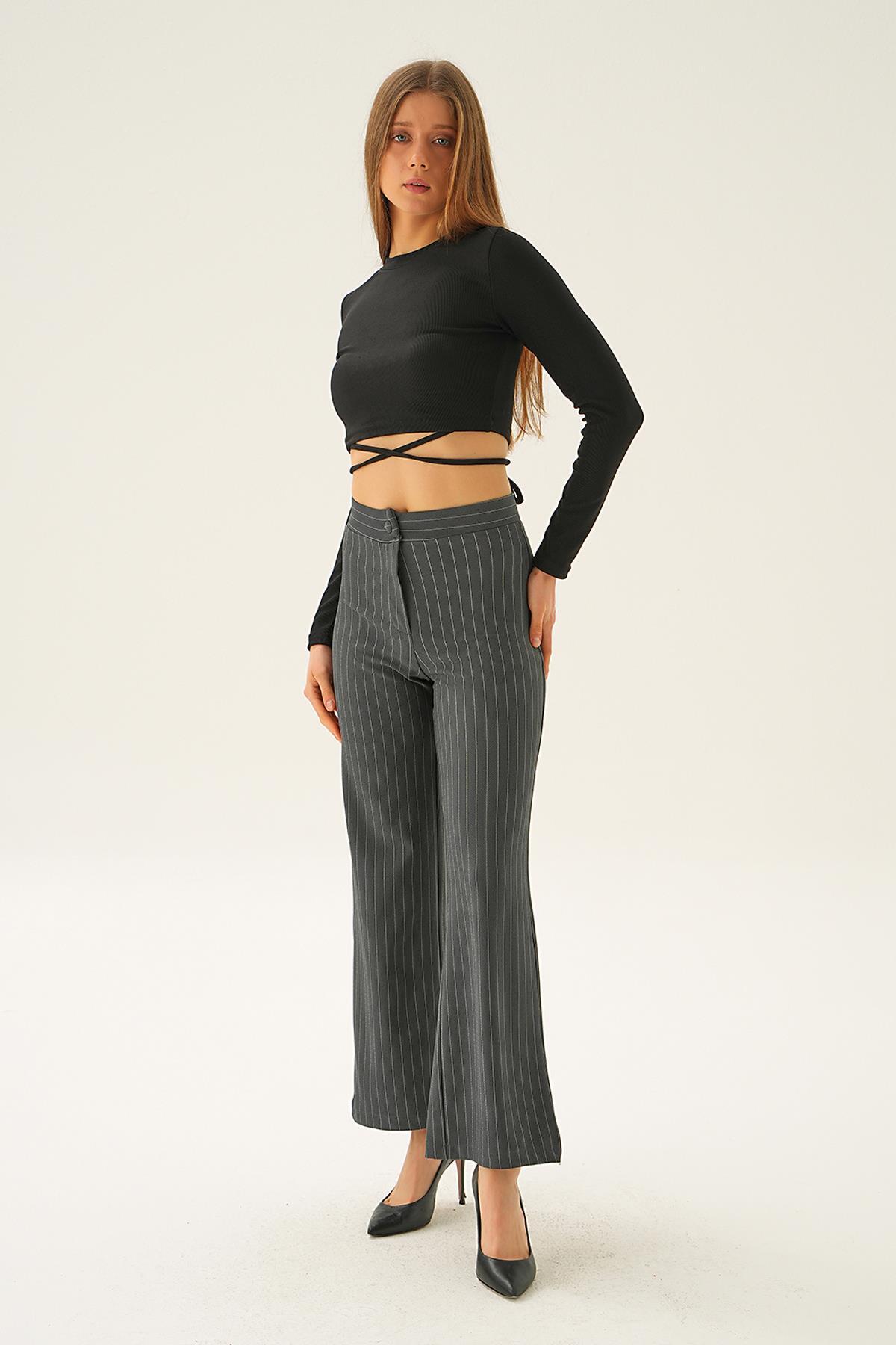 Füme Çizgili Bol Paça Pantolon 6922A - 6