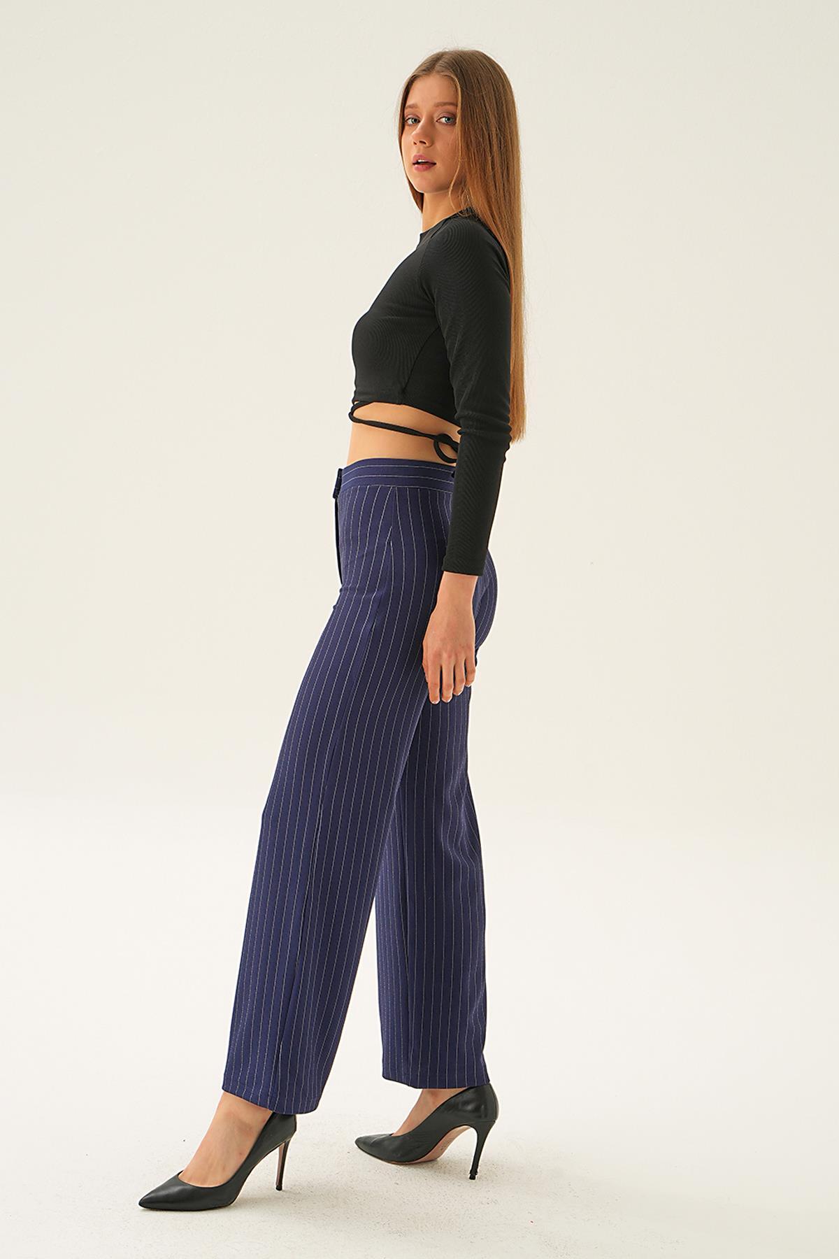 Laci Çizgili Bol Paça Pantolon 6922A - 6