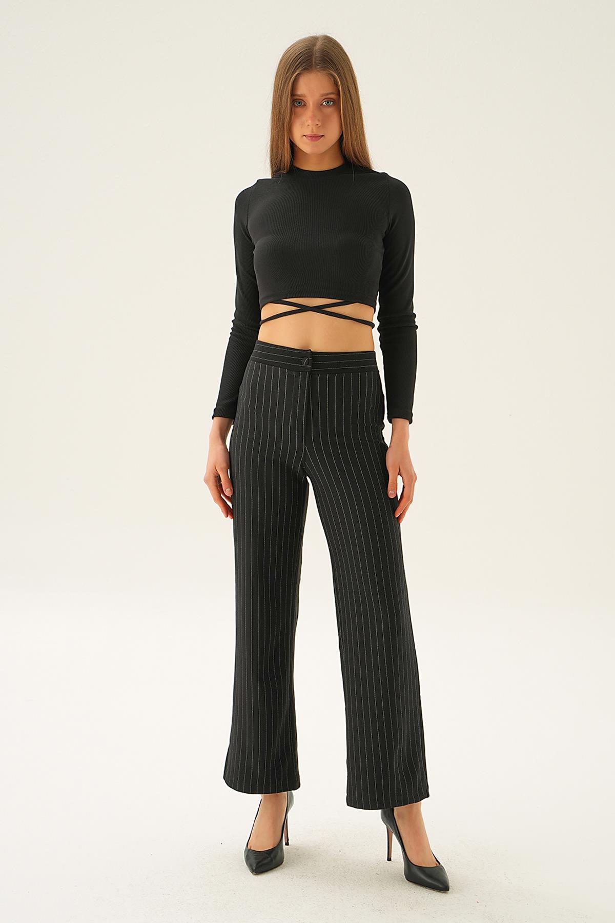 6922A Çizgili Bol Paça Pantolon Siyah 