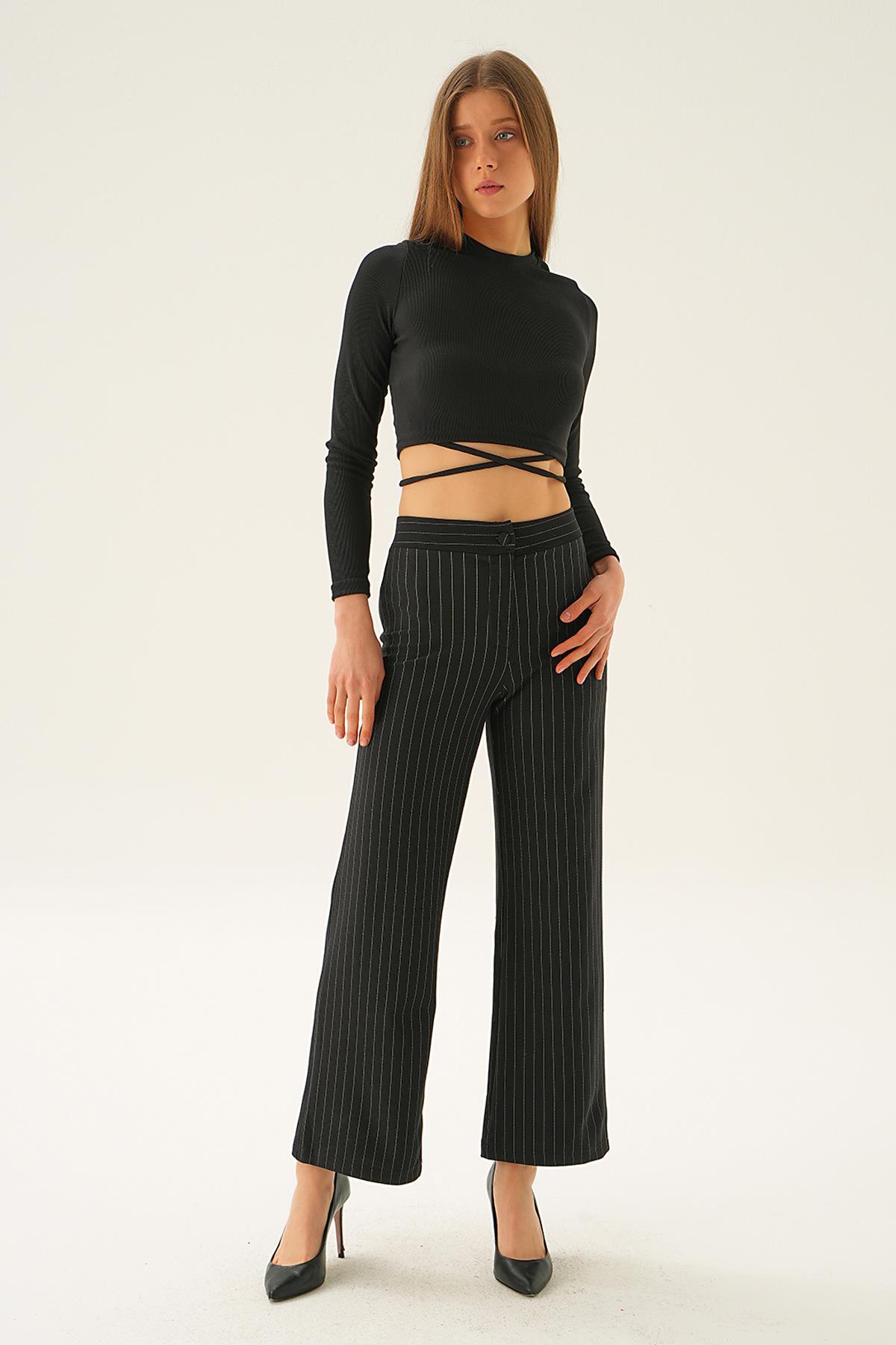 Siyah Çizgili Bol Paça Pantolon 6922A - 2