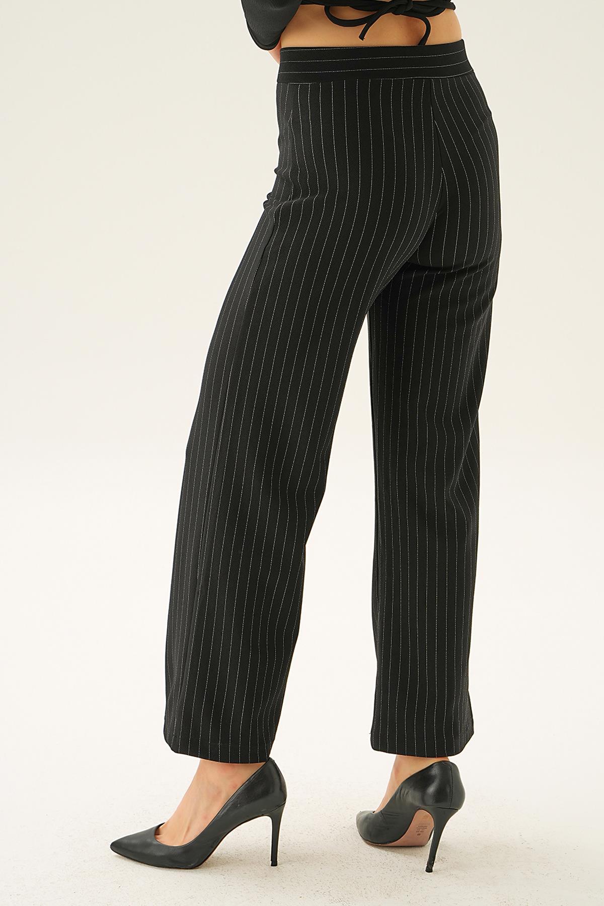 Siyah Çizgili Bol Paça Pantolon 6922A - 3