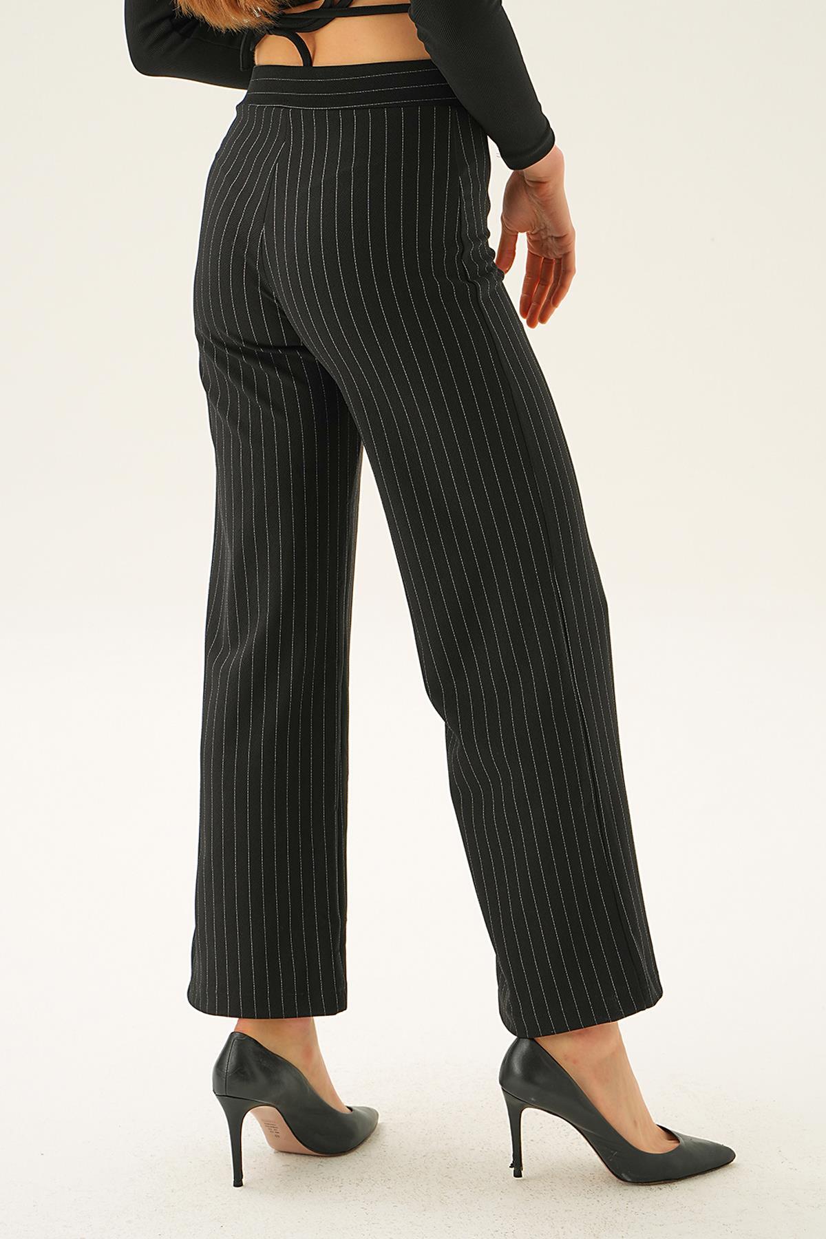 Siyah Çizgili Bol Paça Pantolon 6922A - 4