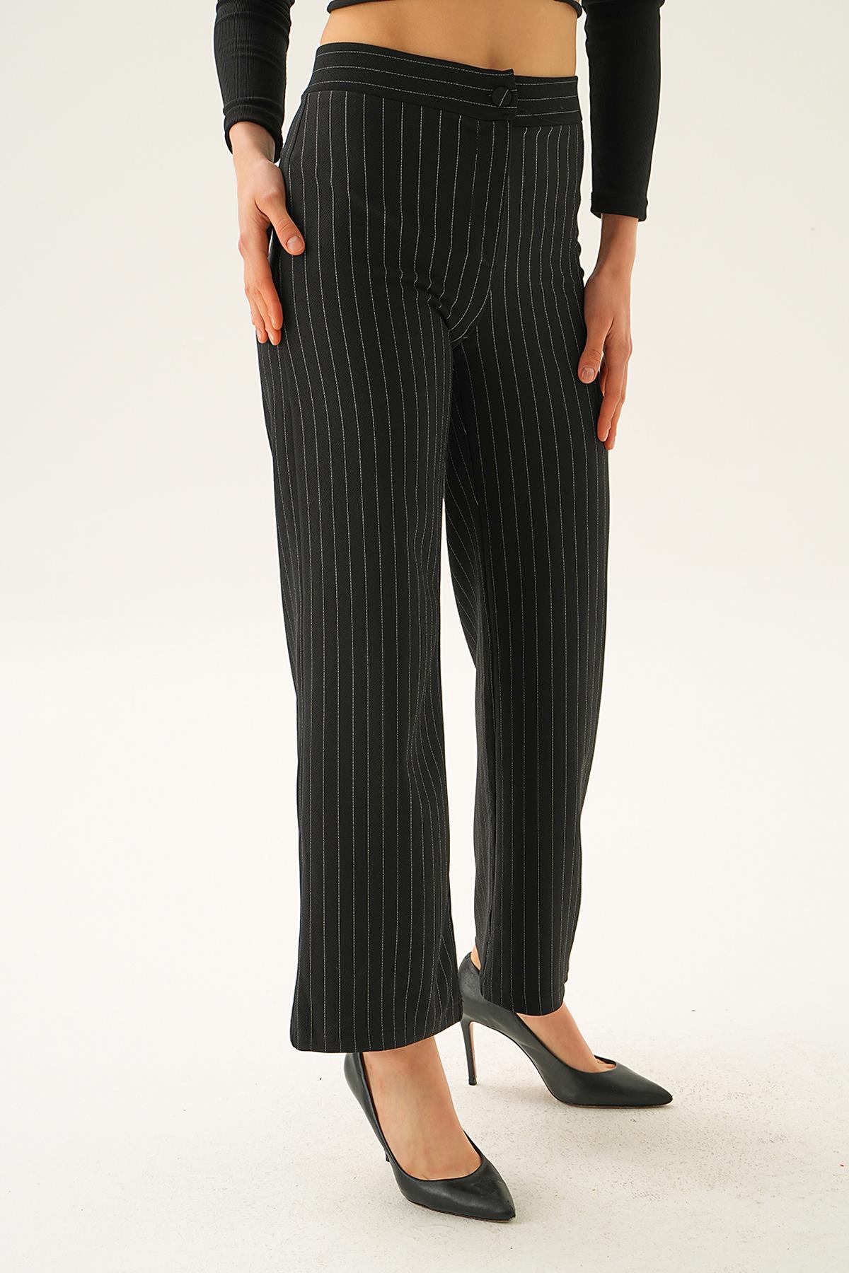 Siyah Çizgili Bol Paça Pantolon 6922A - 5