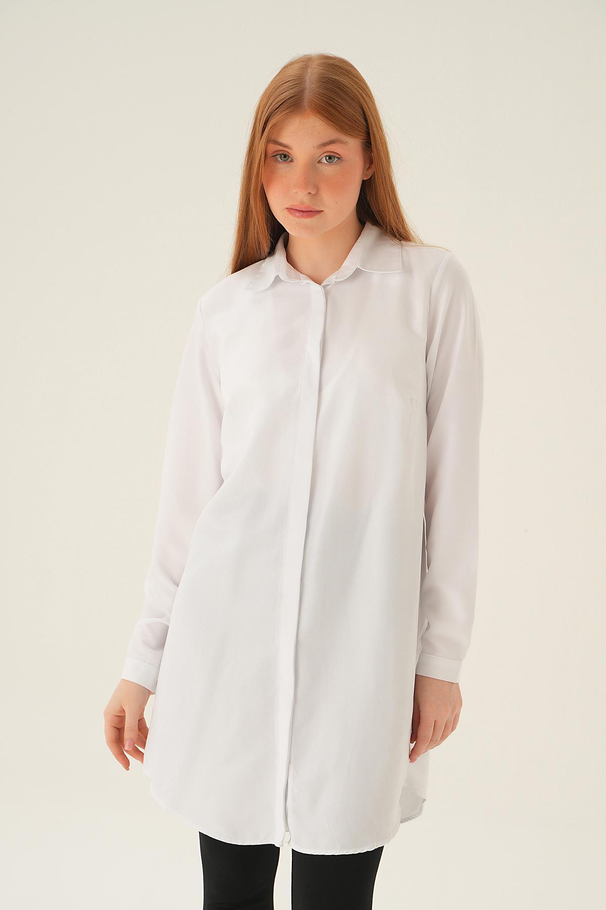 6929A Gizli Düğme Uzun Gömlek Beyaz - 1