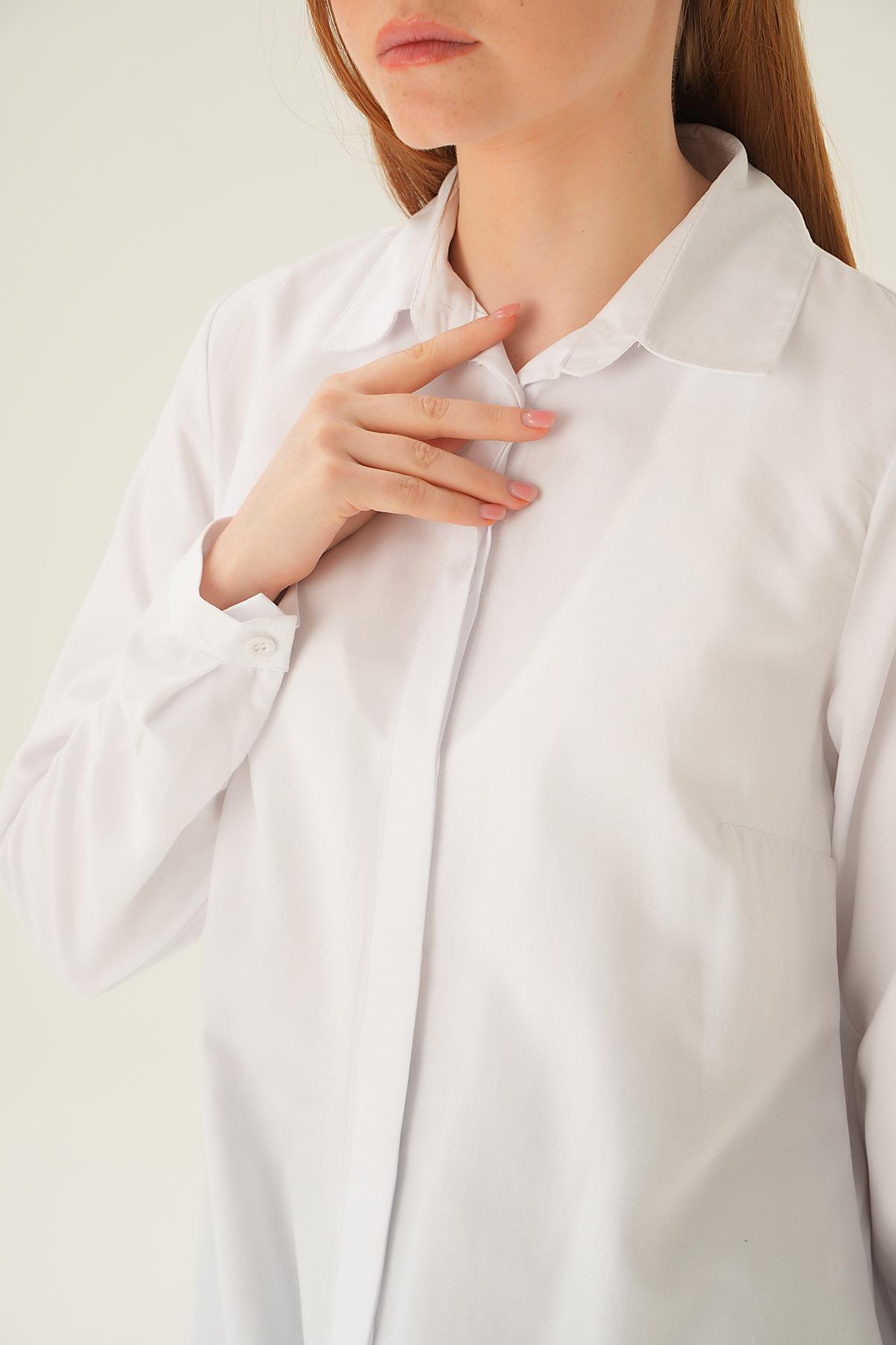 6929A Gizli Düğme Uzun Gömlek Beyaz - 2