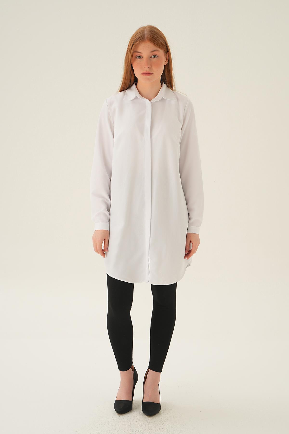 Beyaz Gizli Düğme Uzun Gömlek 6929A - 5