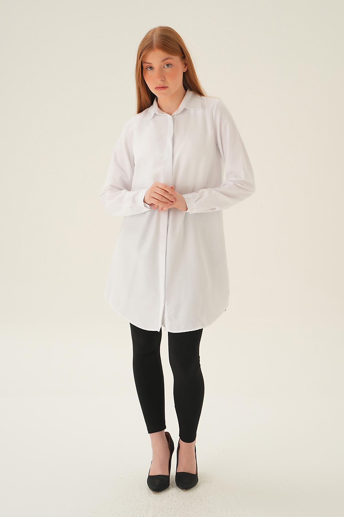 Beyaz Gizli Düğme Uzun Gömlek 6929A - 6