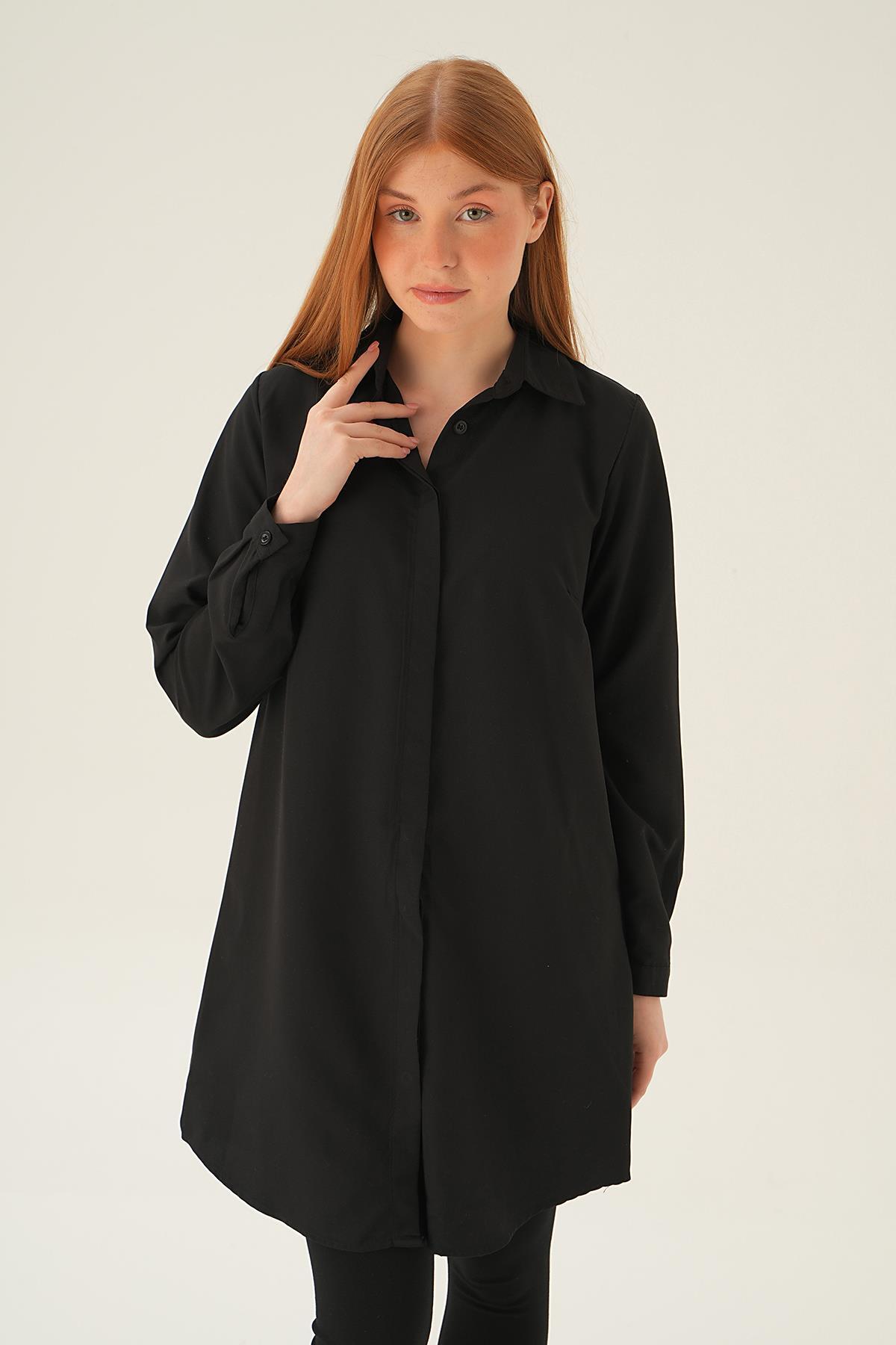 6929A Gizli Düğme Uzun Gömlek Siyah 
