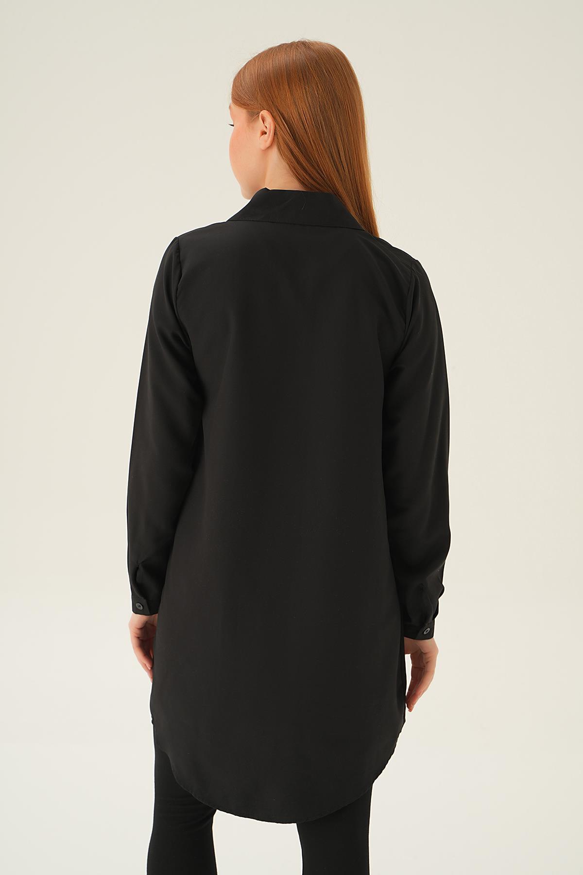 6929A Gizli Düğme Uzun Gömlek Siyah - 4