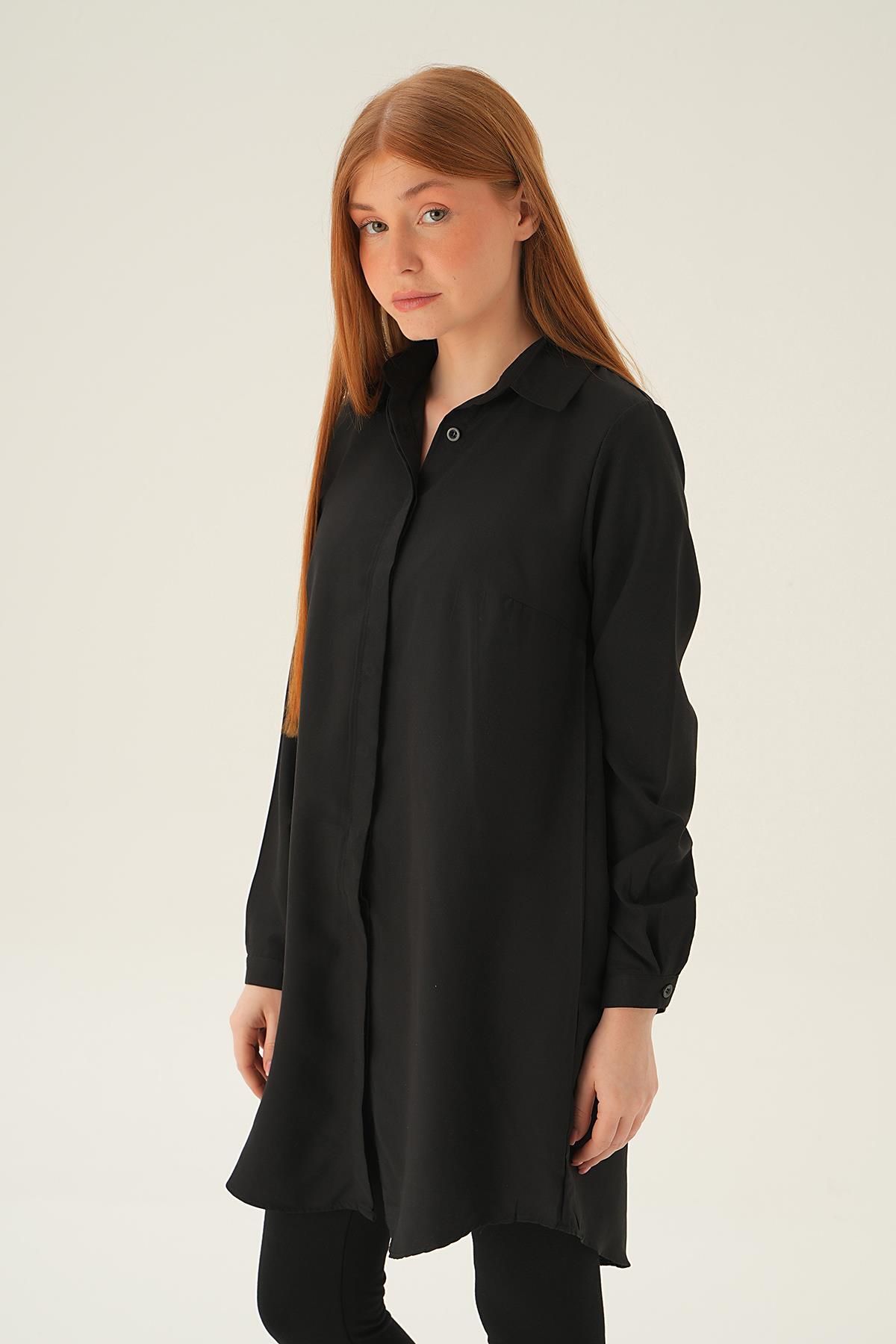 6929A Gizli Düğme Uzun Gömlek Siyah - 3