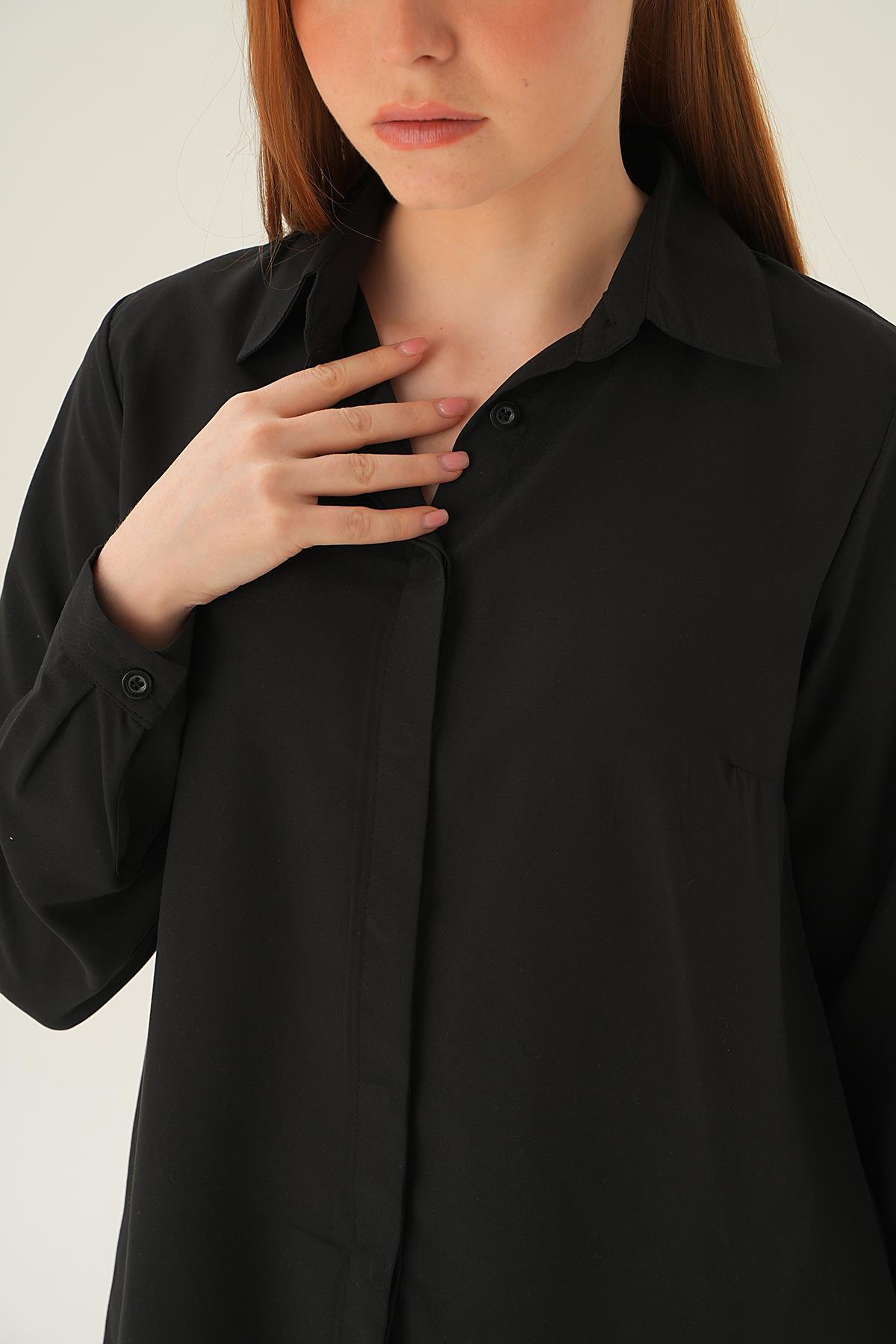 6929A Gizli Düğme Uzun Gömlek Siyah - 5
