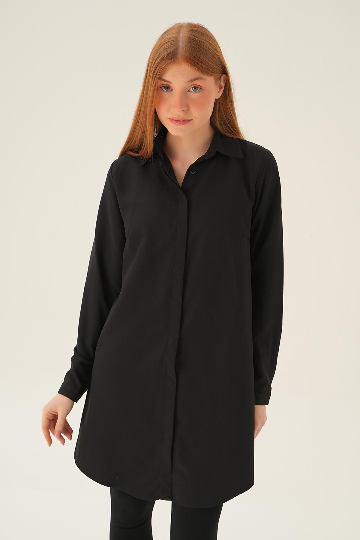 Siyah Gizli Düğme Uzun Gömlek 6929A - 2