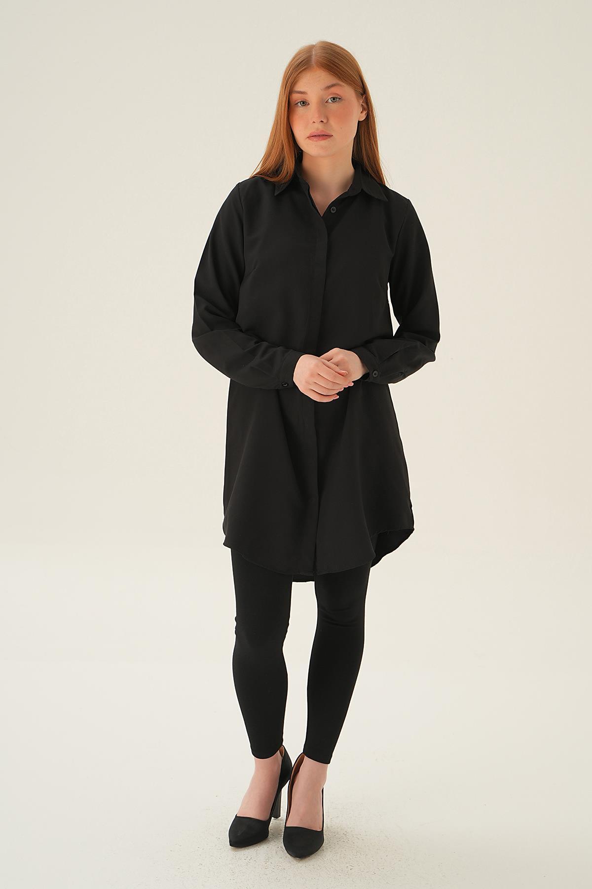 Siyah Gizli Düğme Uzun Gömlek 6929A - 6