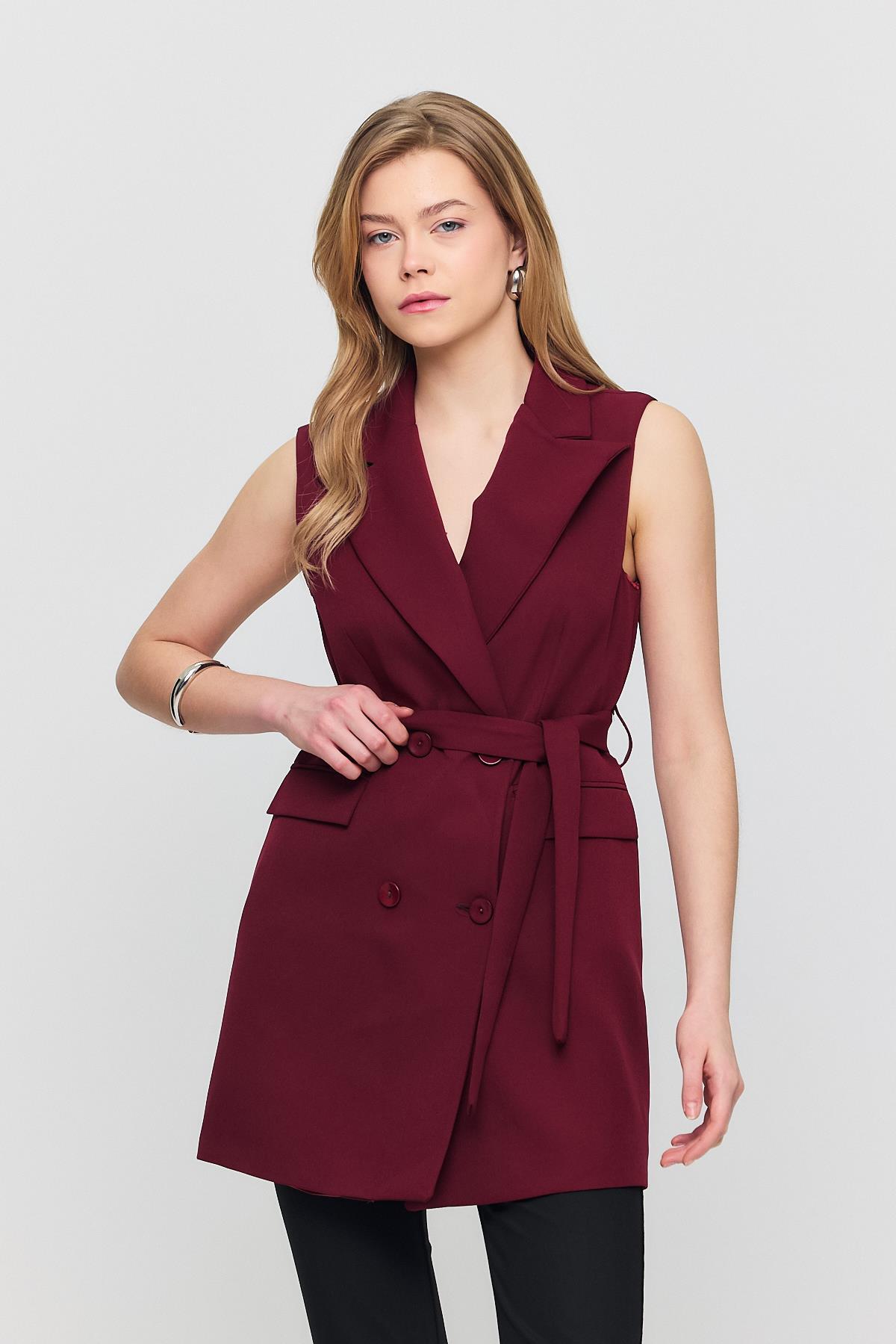 Kemerli Dört Düğme Yelek 6981 Bordo - RAYS
