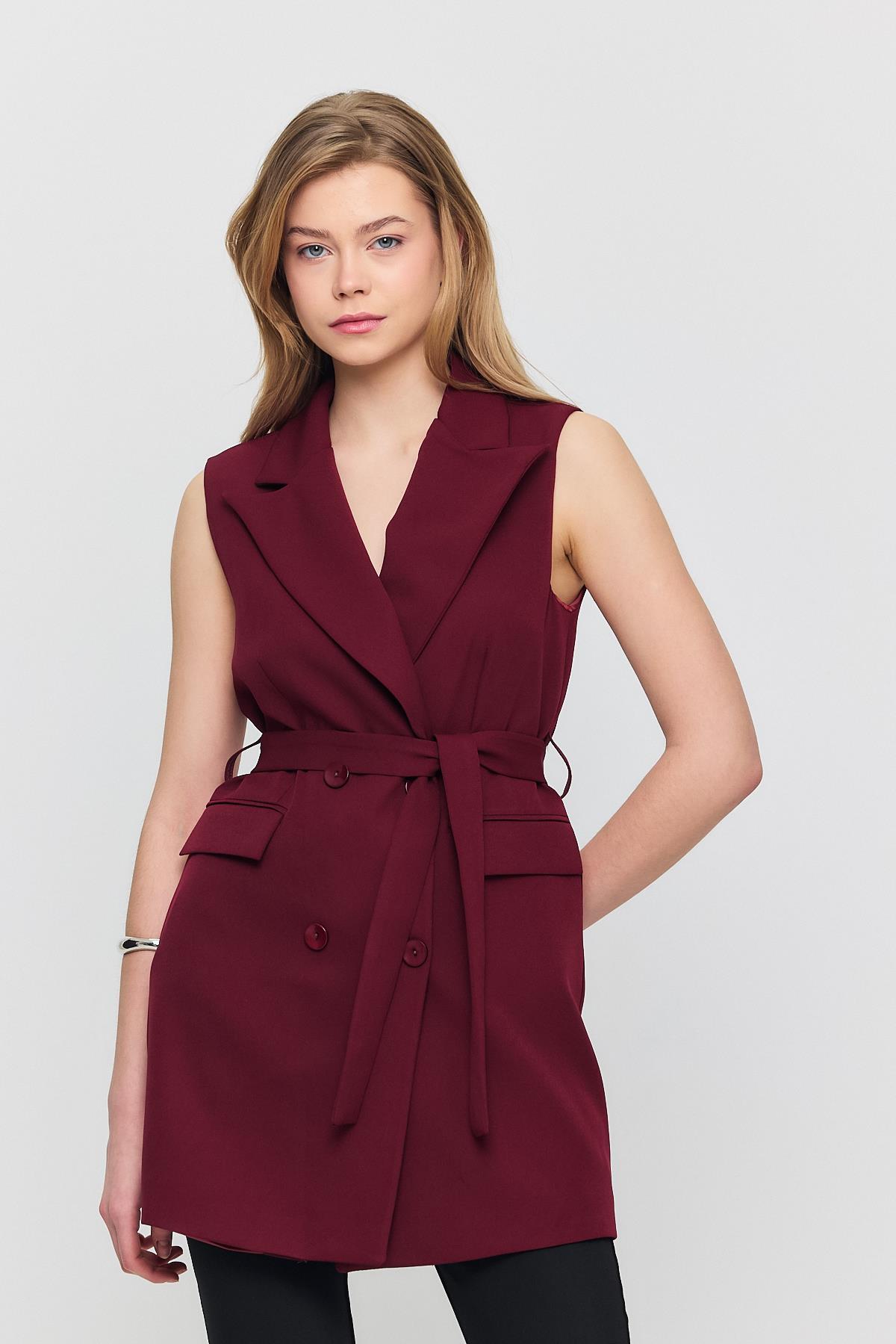 Kemerli Dört Düğme Yelek 6981 Bordo - 6