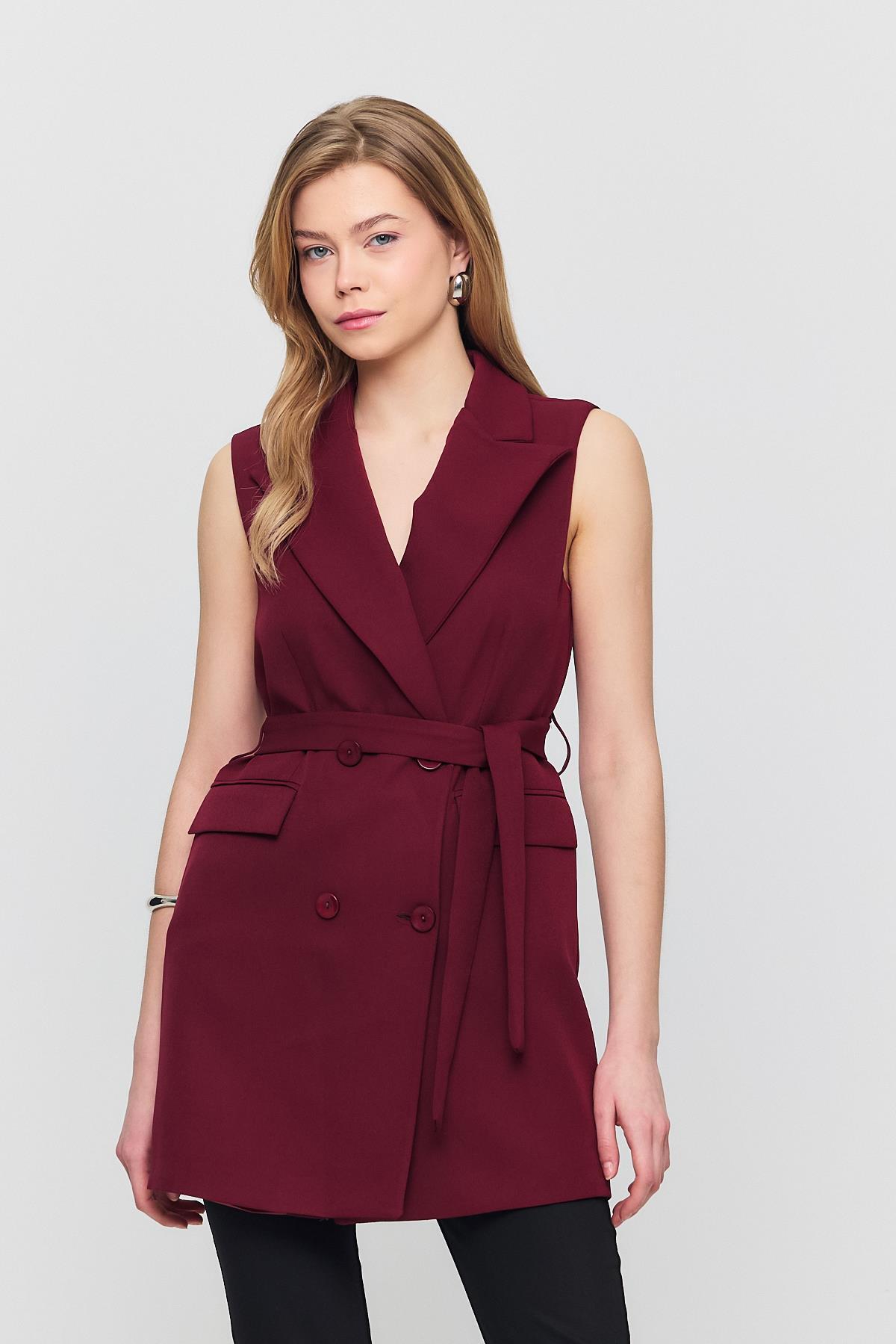 Bordo Kemerli Dört Düğme Yelek 6981 - 1