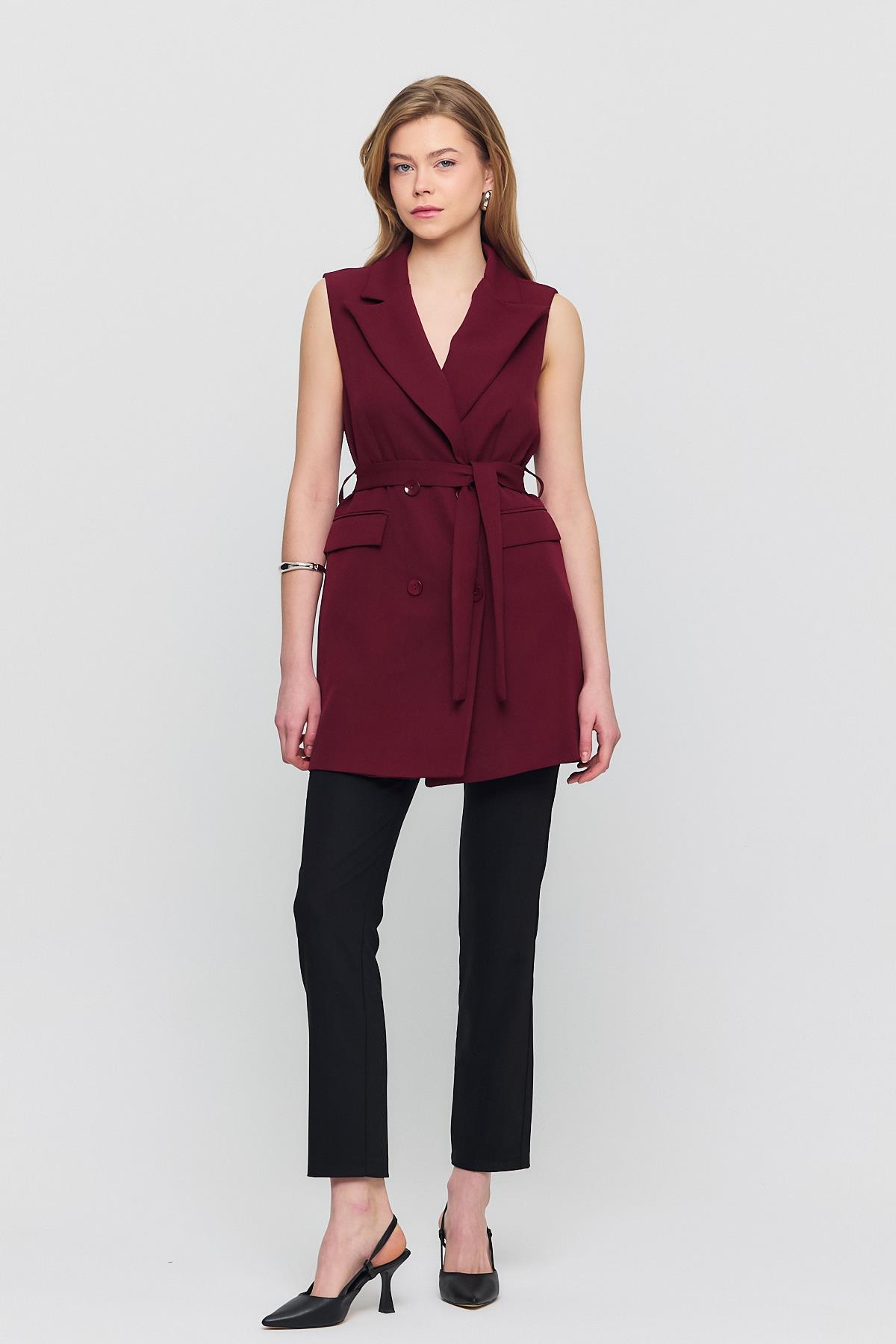 Bordo Kemerli Dört Düğme Yelek 6981 - 2