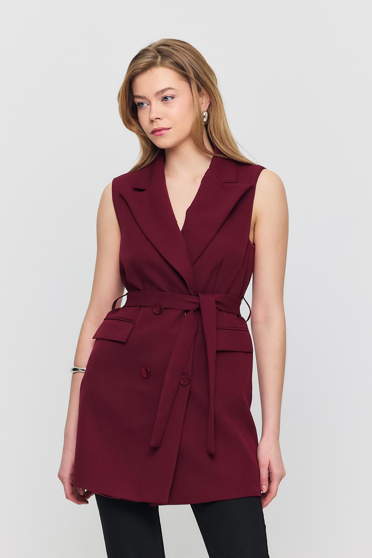 Bordo Kemerli Dört Düğme Yelek 6981 - 7