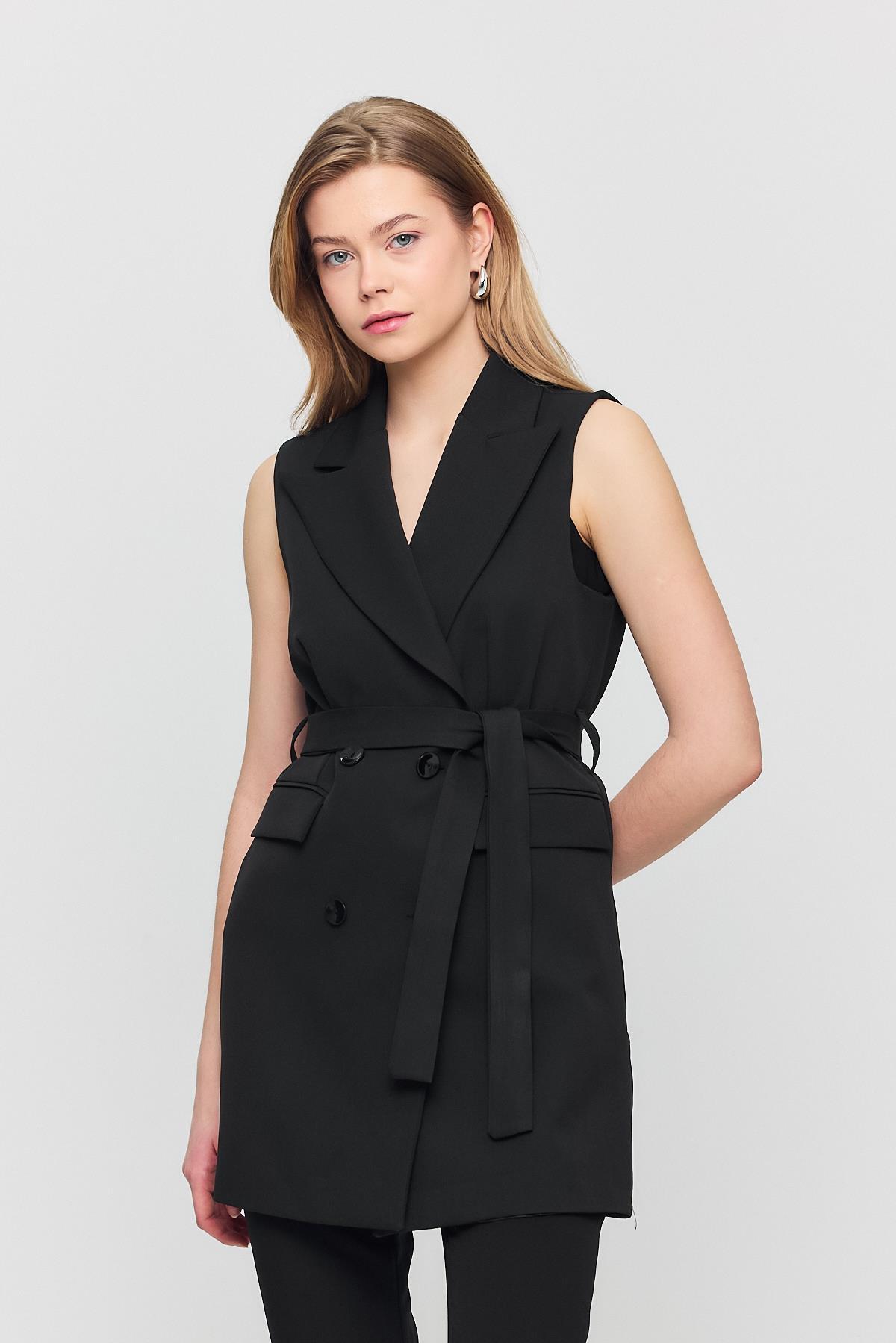 6981 Kemerli Dört Düğme Yelek Siyah - 3