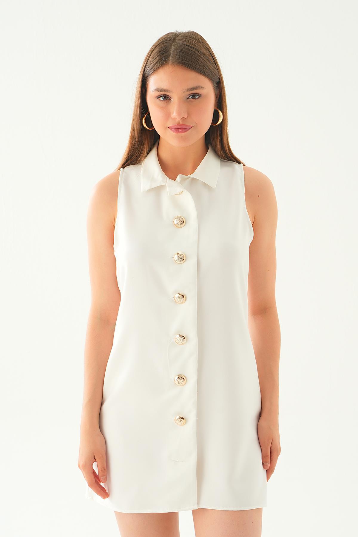 7001 sıfır kol düğmeli elbise Beyaz - 4