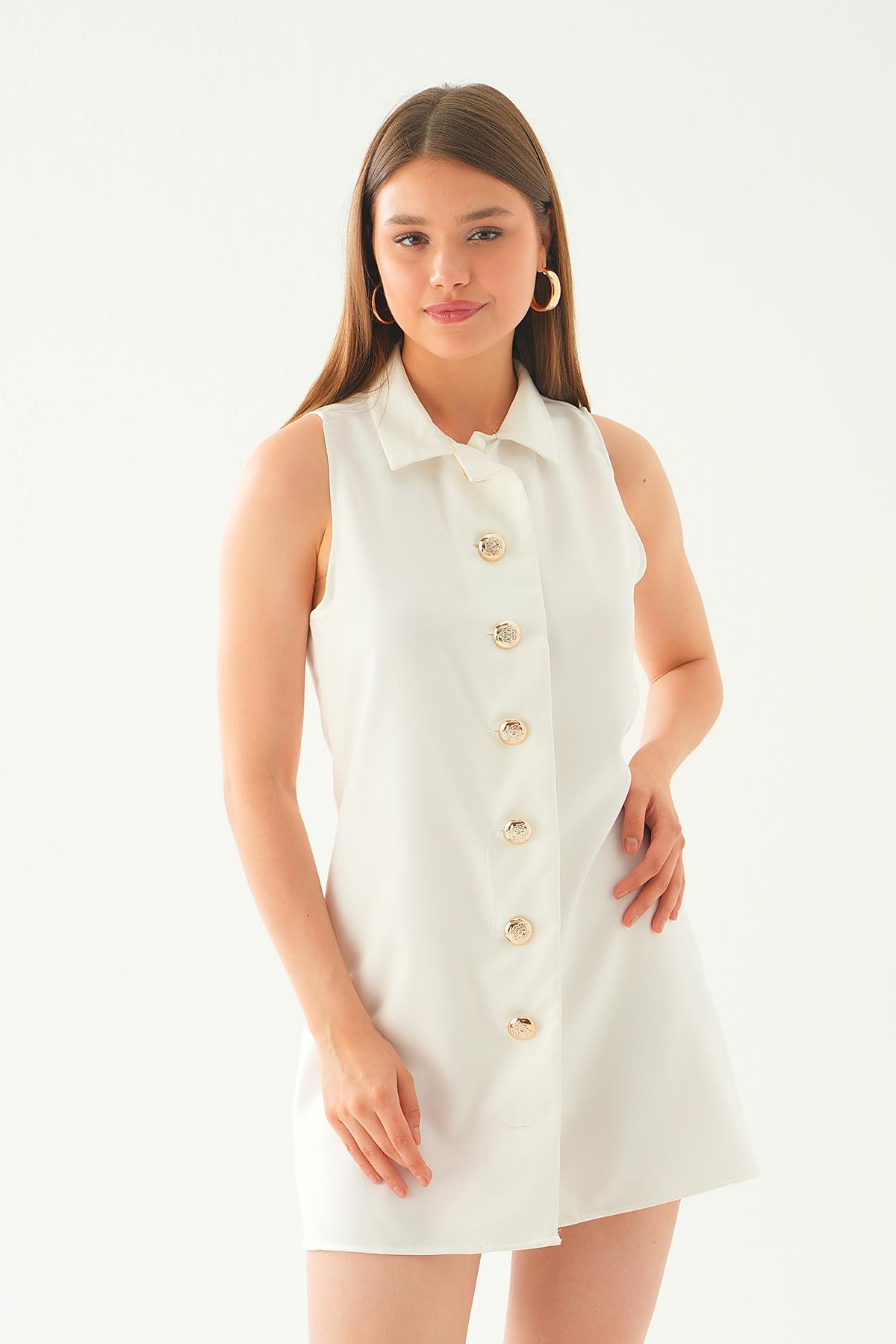 7001 sıfır kol düğmeli elbise Beyaz - 5