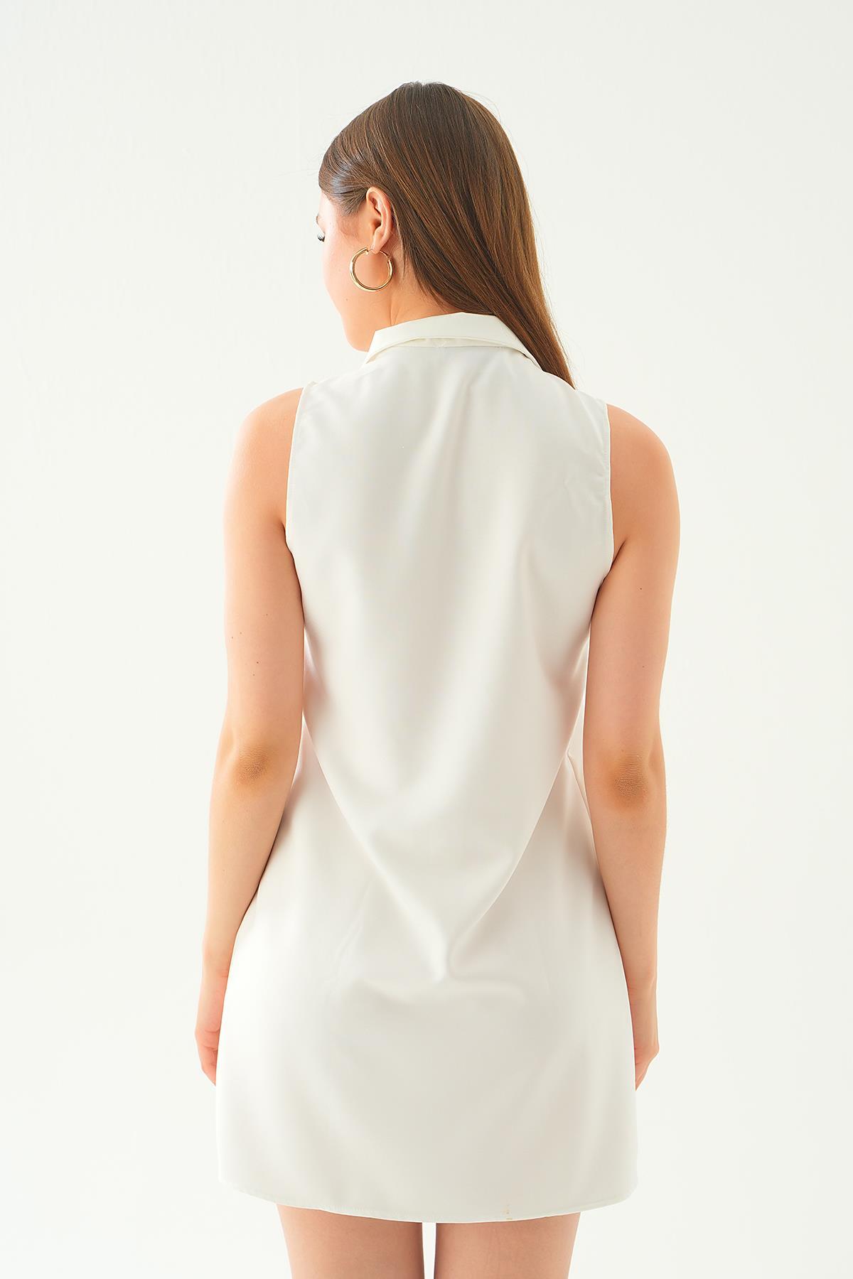 7001 sıfır kol düğmeli elbise Beyaz - 6