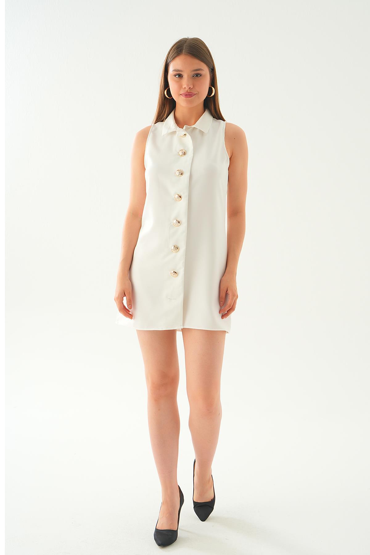 Beyaz Sıfır Kol Düğmeli Elbise 7001 - 1