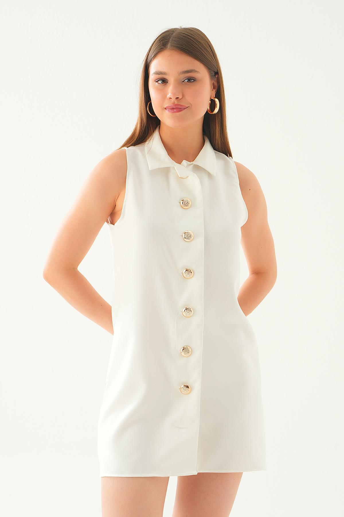 Beyaz Sıfır Kol Düğmeli Elbise 7001 - 2