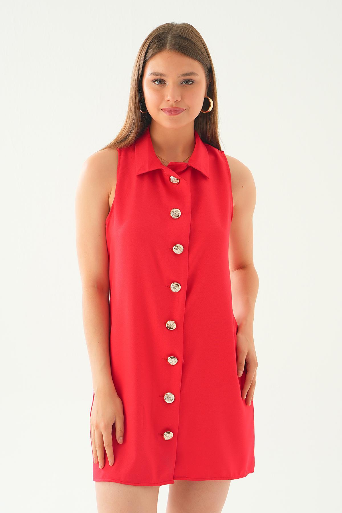 7001 sıfır kol düğmeli elbise Kırmızı - 2